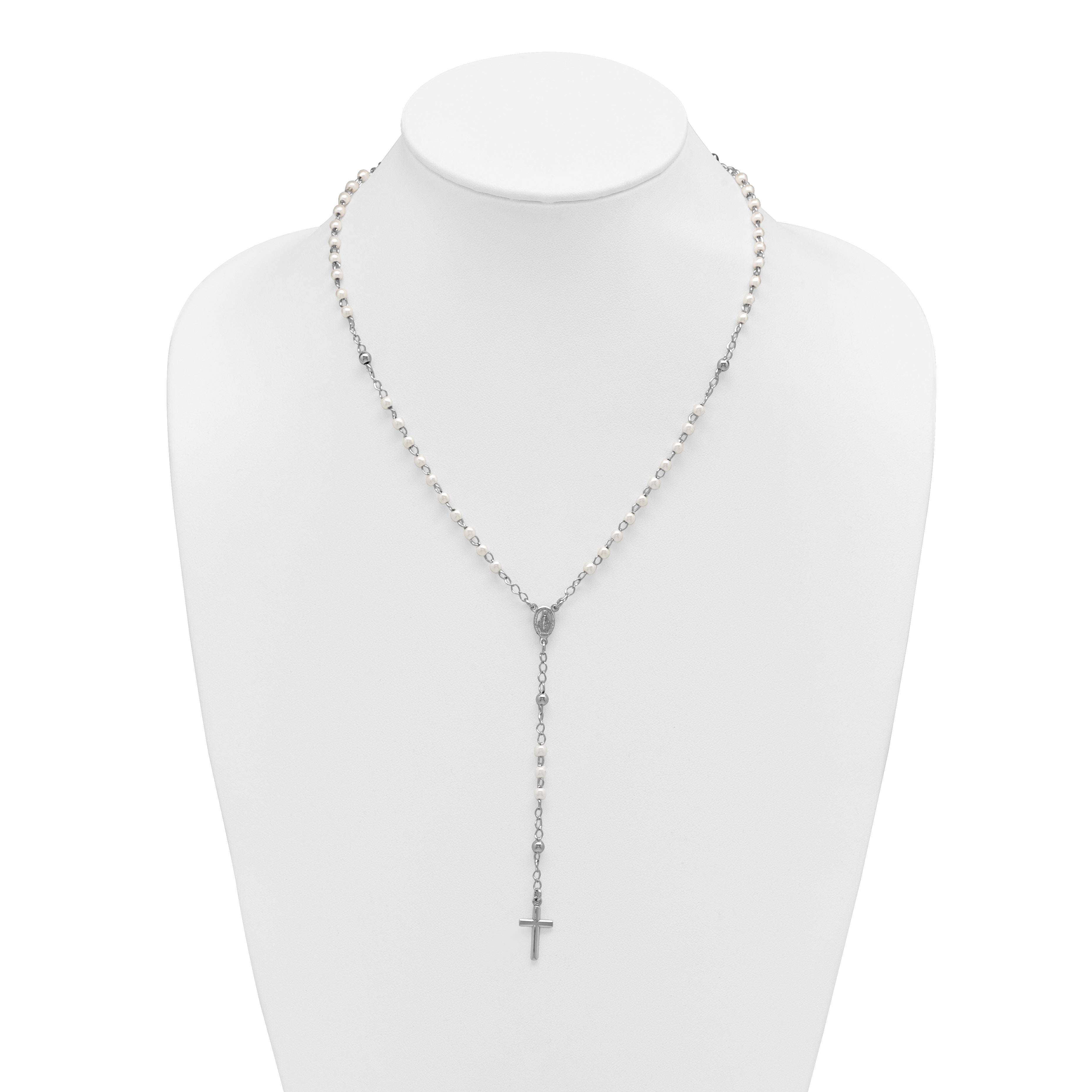 Sterling Silver Rhodium-plated Plastic Imitation Pearl 19.75 inch with 1 inch extender Rosary Necklace
