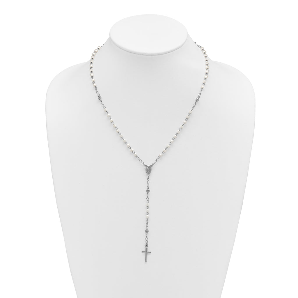 Sterling Silver Rhodium-plated Plastic Imitation Pearl 19.75 inch with 1 inch extender Rosary Necklace