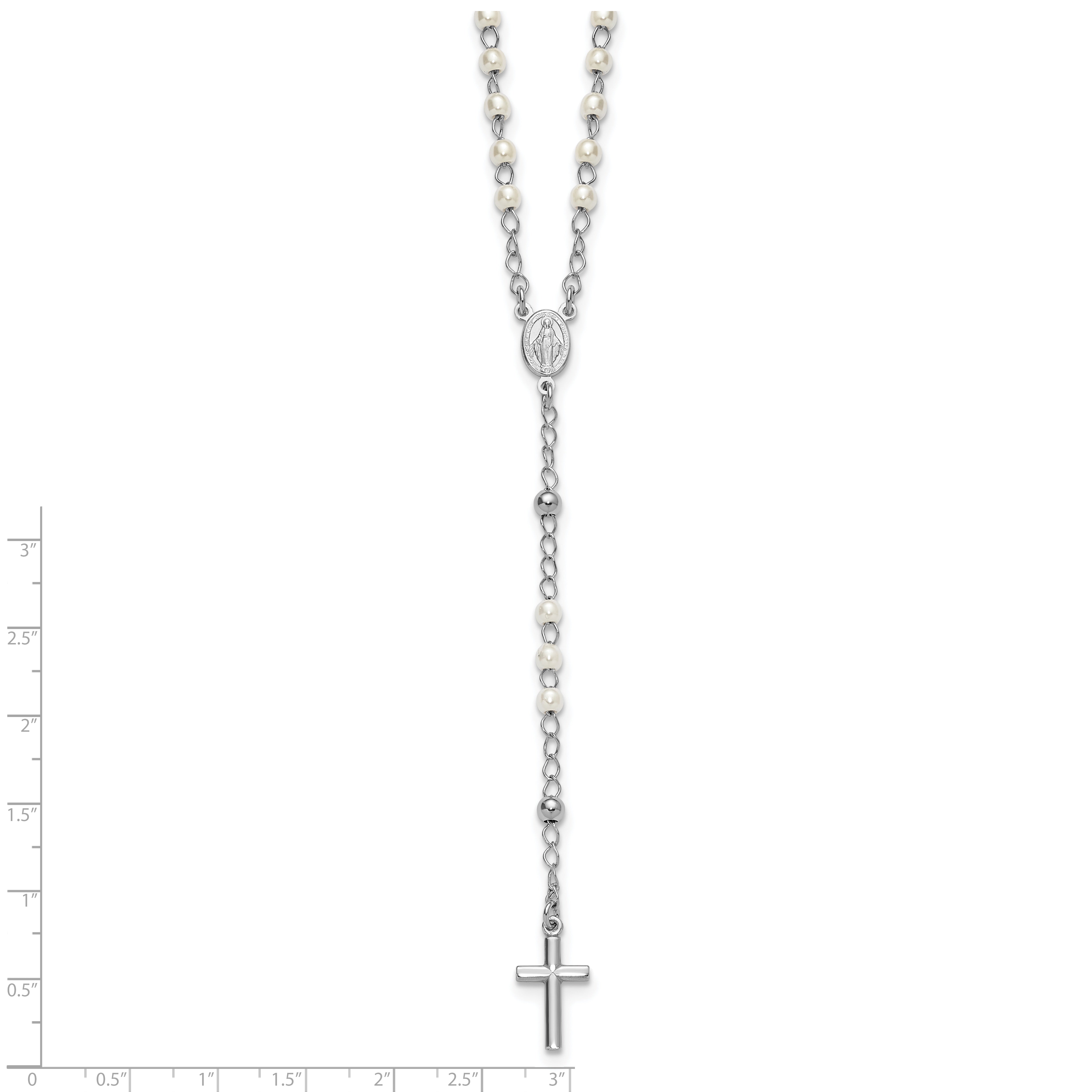 Sterling Silver Rhodium-plated Plastic Imitation Pearl 19.75 inch with 1 inch extender Rosary Necklace