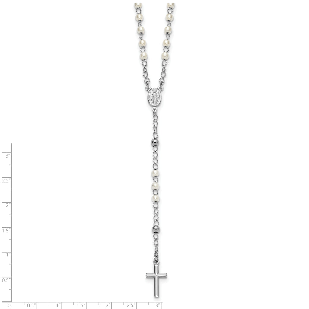 Sterling Silver Rhodium-plated Plastic Imitation Pearl 19.75 inch with 1 inch extender Rosary Necklace