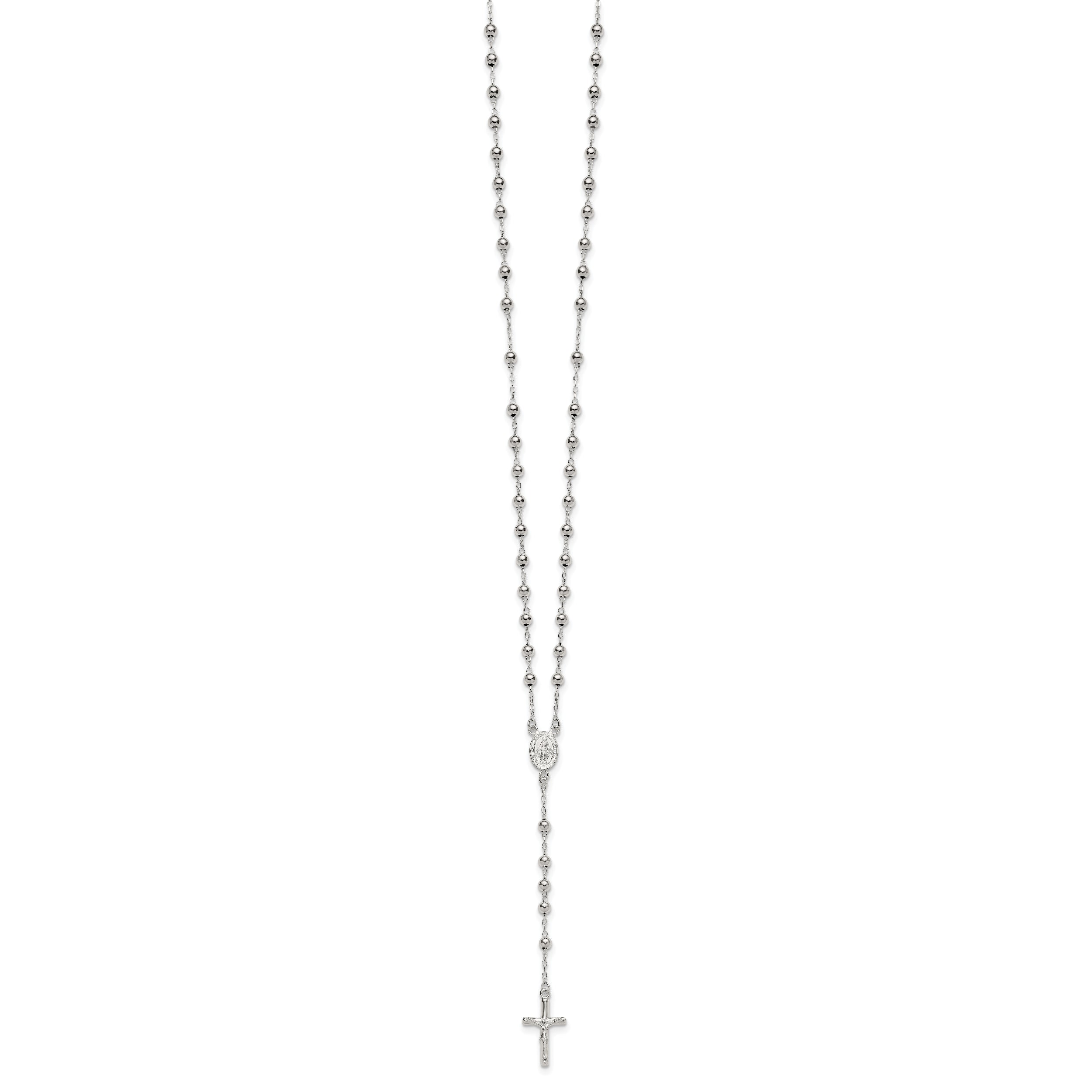 Sterling Silver Polished and Beaded Rosary 24 inch Necklace