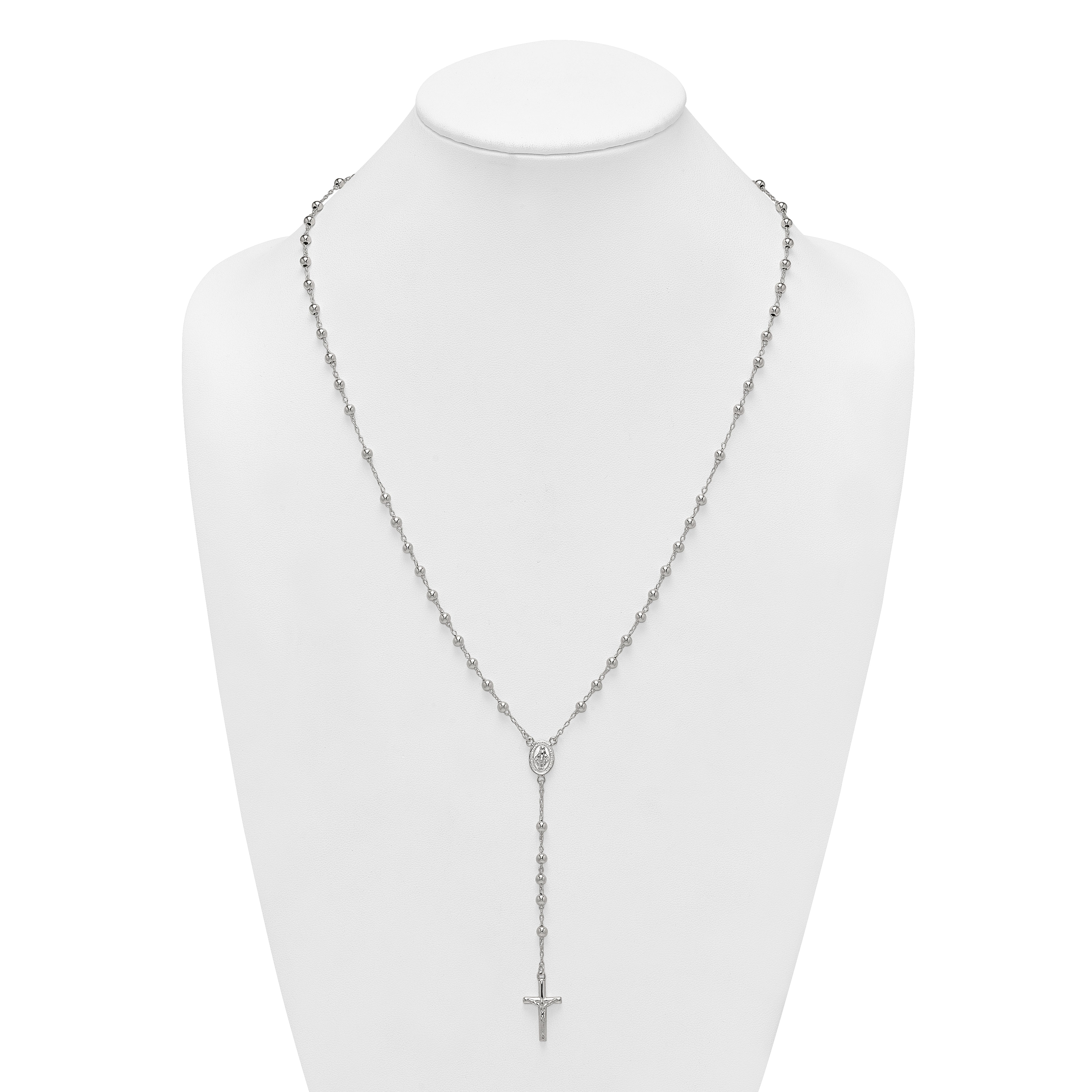 Sterling Silver Polished and Beaded Rosary 24 inch Necklace