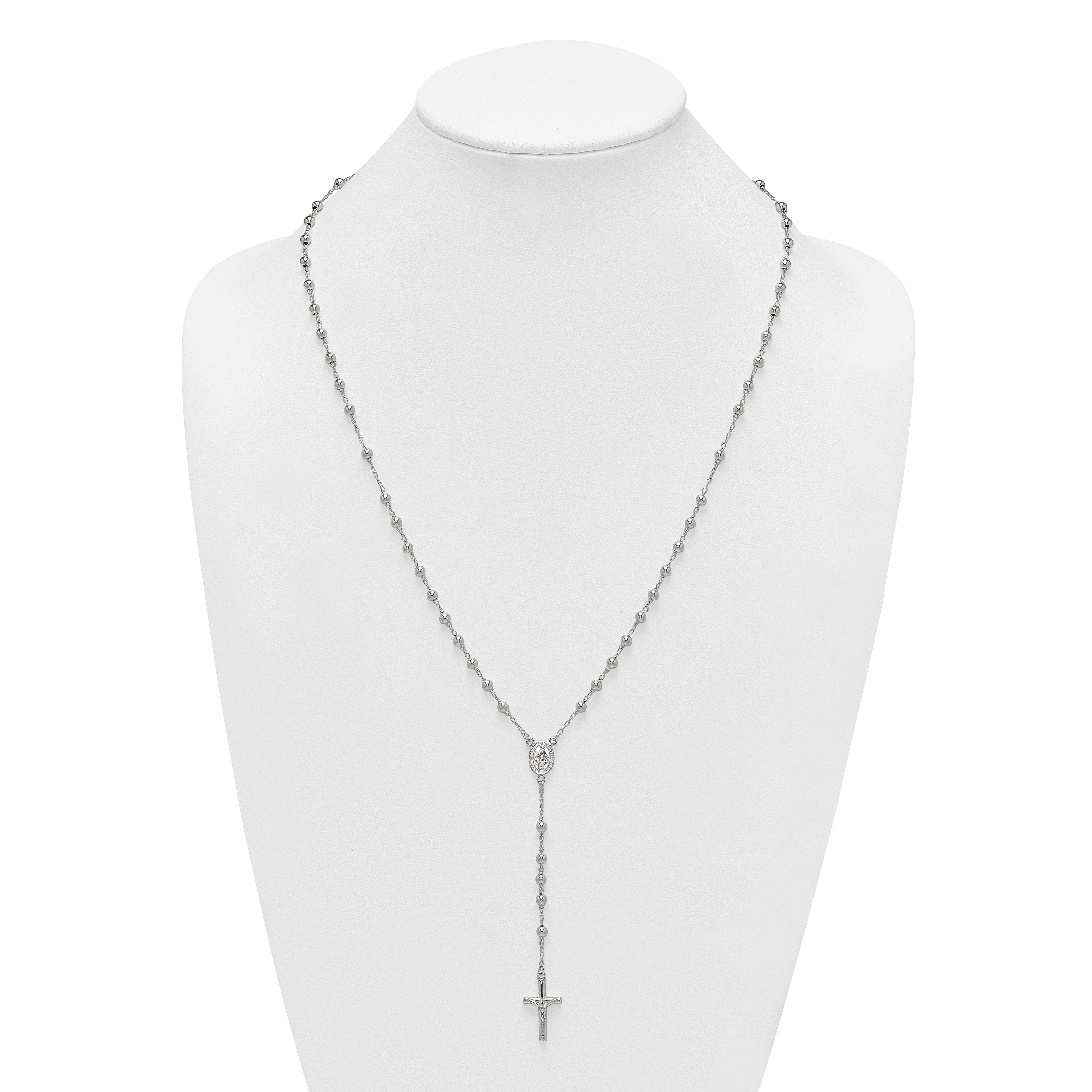 Sterling Silver Polished and Beaded Rosary 24 inch Necklace