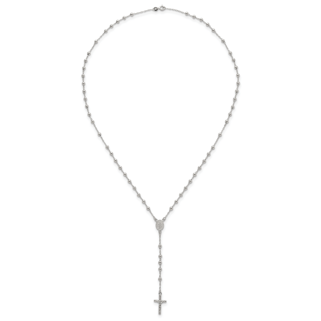 Sterling Silver Polished and Beaded Rosary 24 inch Necklace