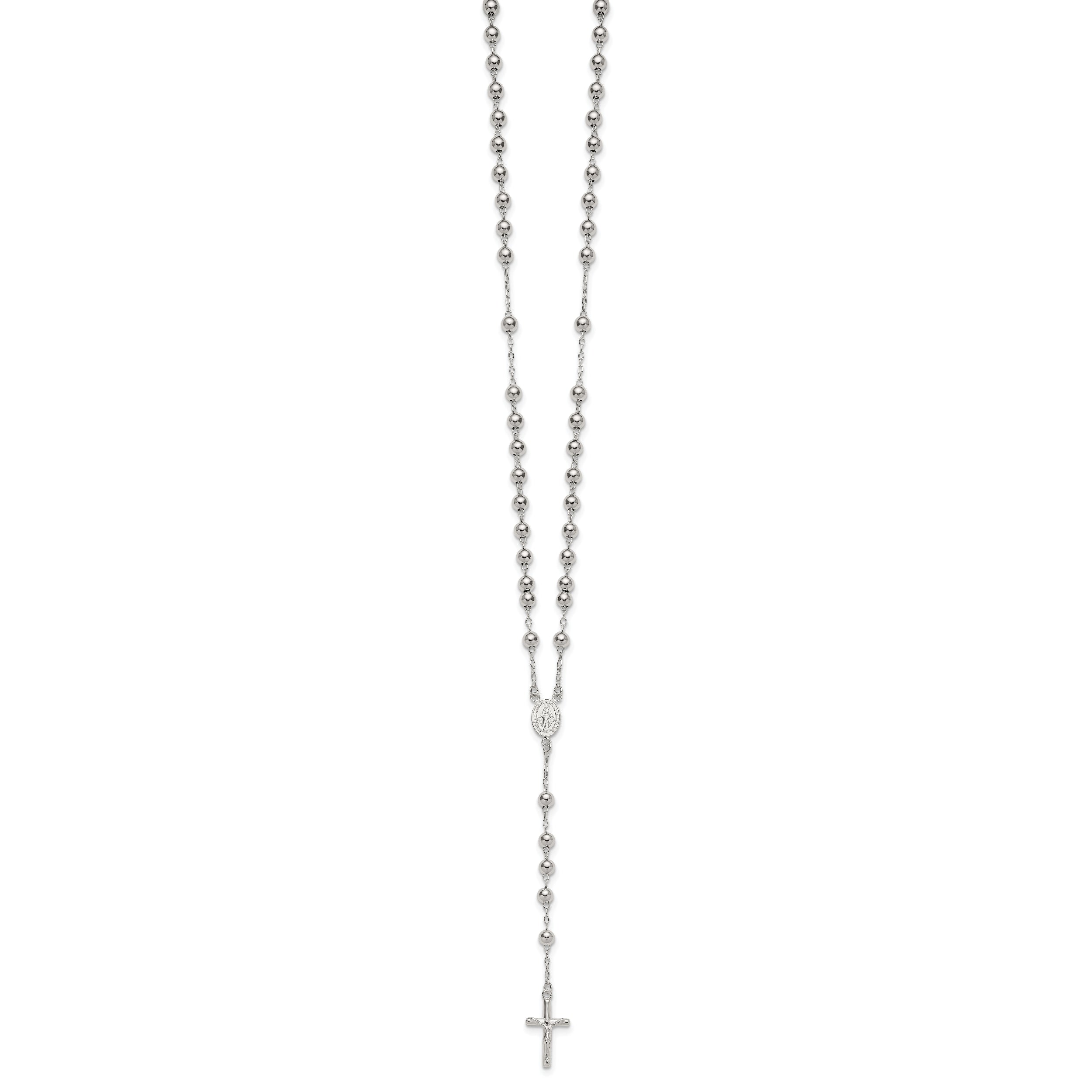 Sterling Silver Polished and Beaded Rosary 24 inch Necklace