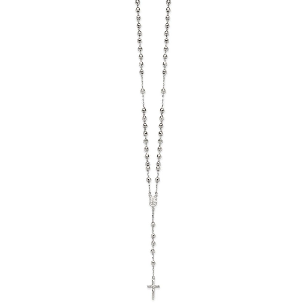 Sterling Silver Polished and Beaded Rosary 24 inch Necklace