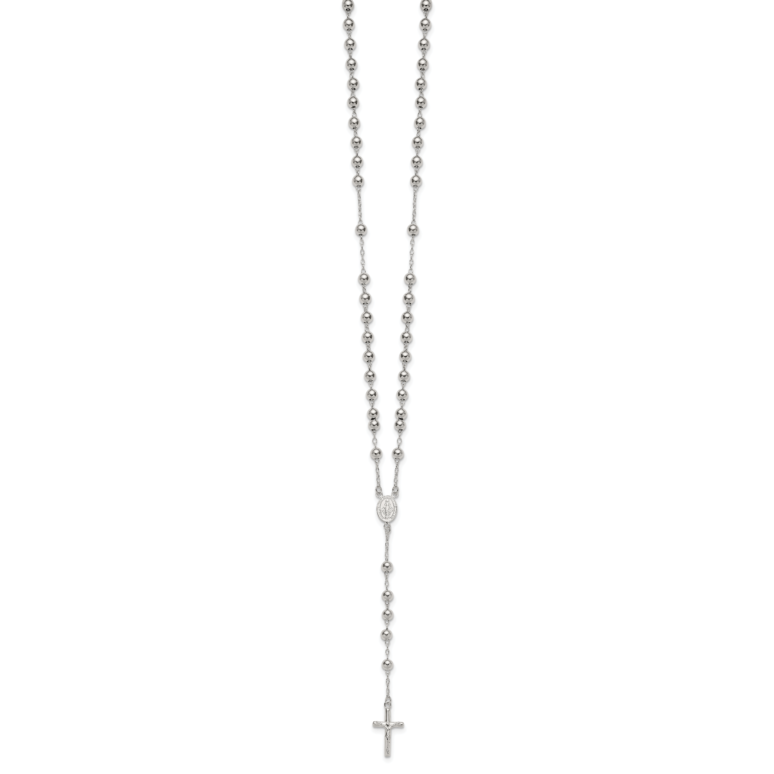 Sterling Silver Polished and Beaded Rosary 24 inch Necklace
