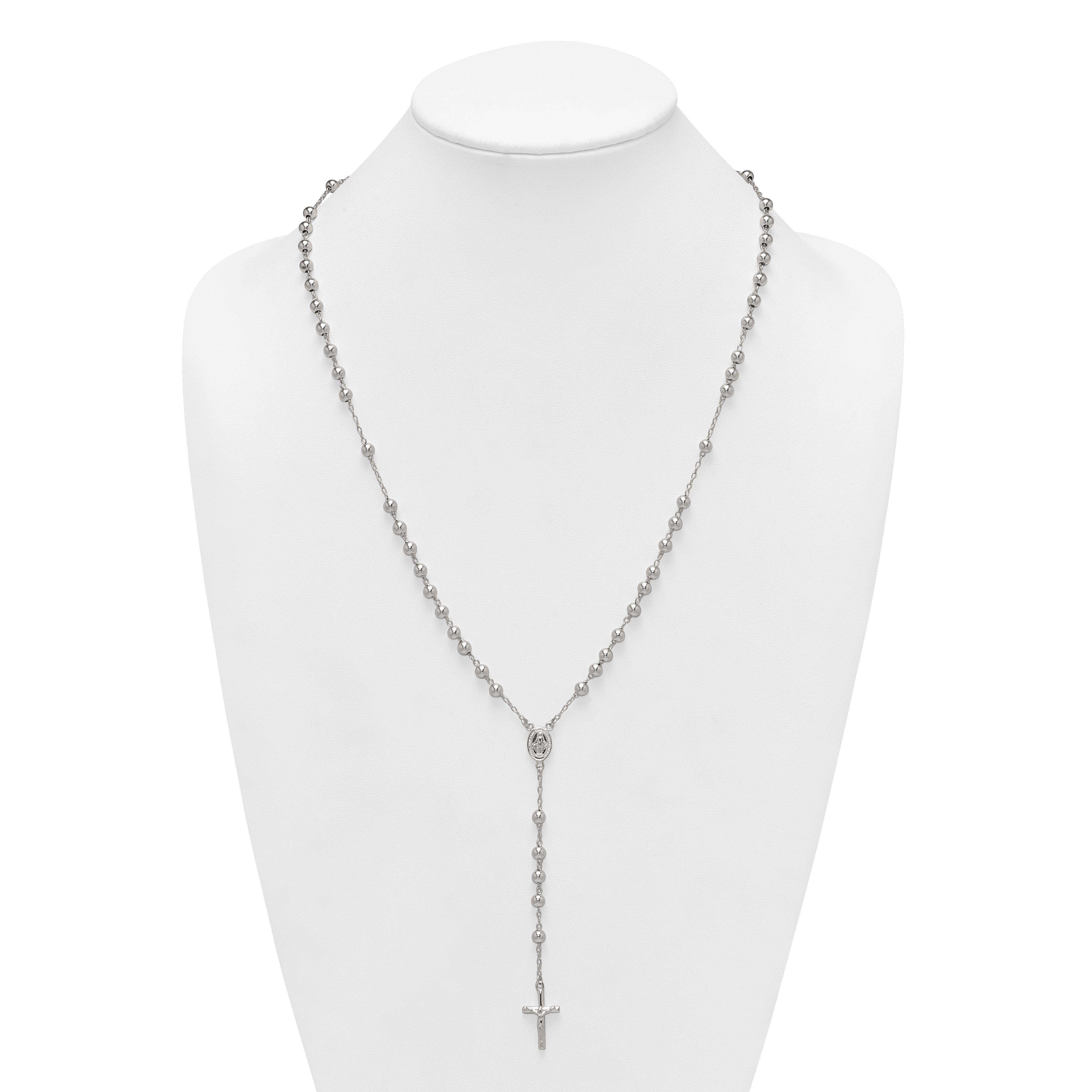 Sterling Silver Polished and Beaded Rosary 24 inch Necklace