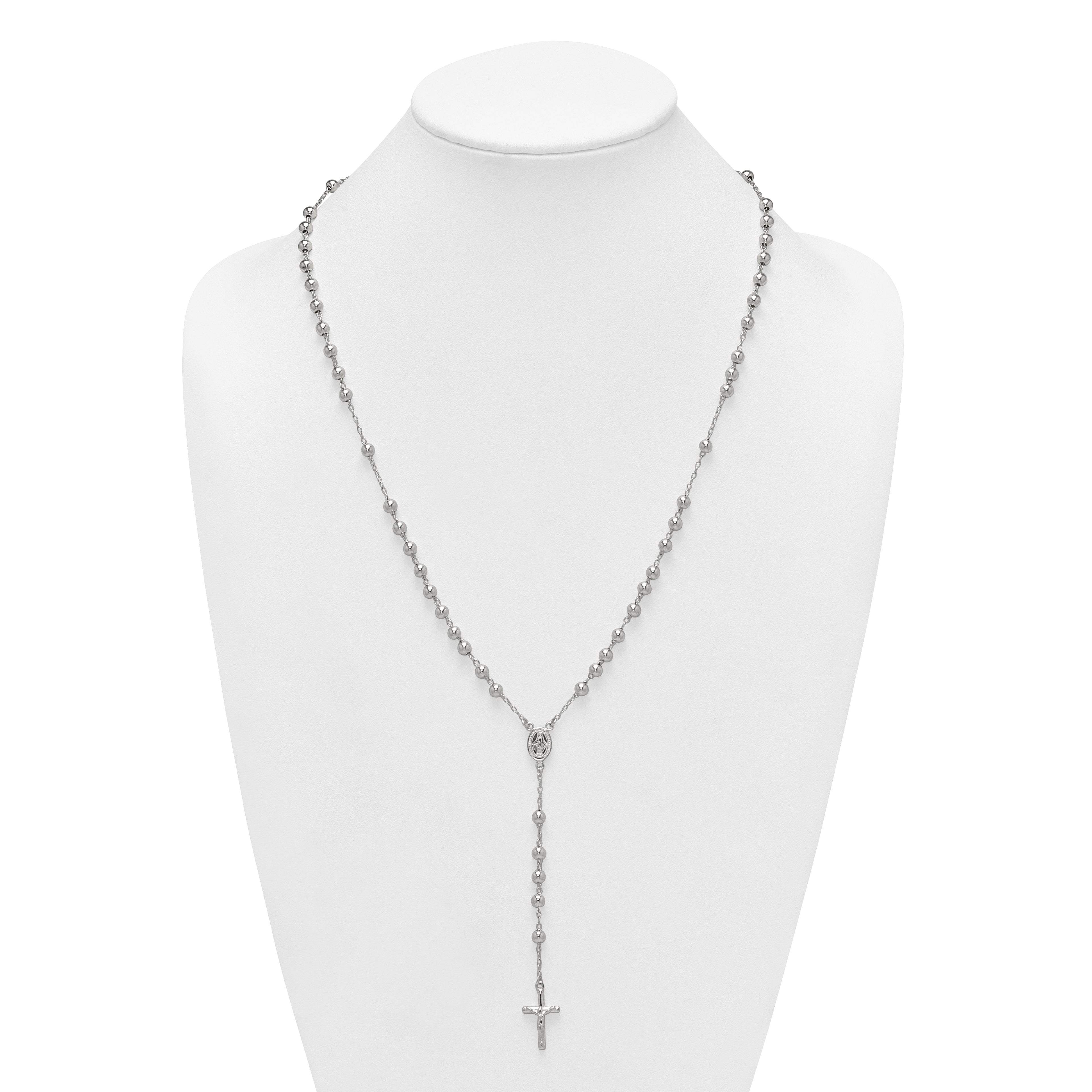 Sterling Silver Polished and Beaded Rosary 24 inch Necklace