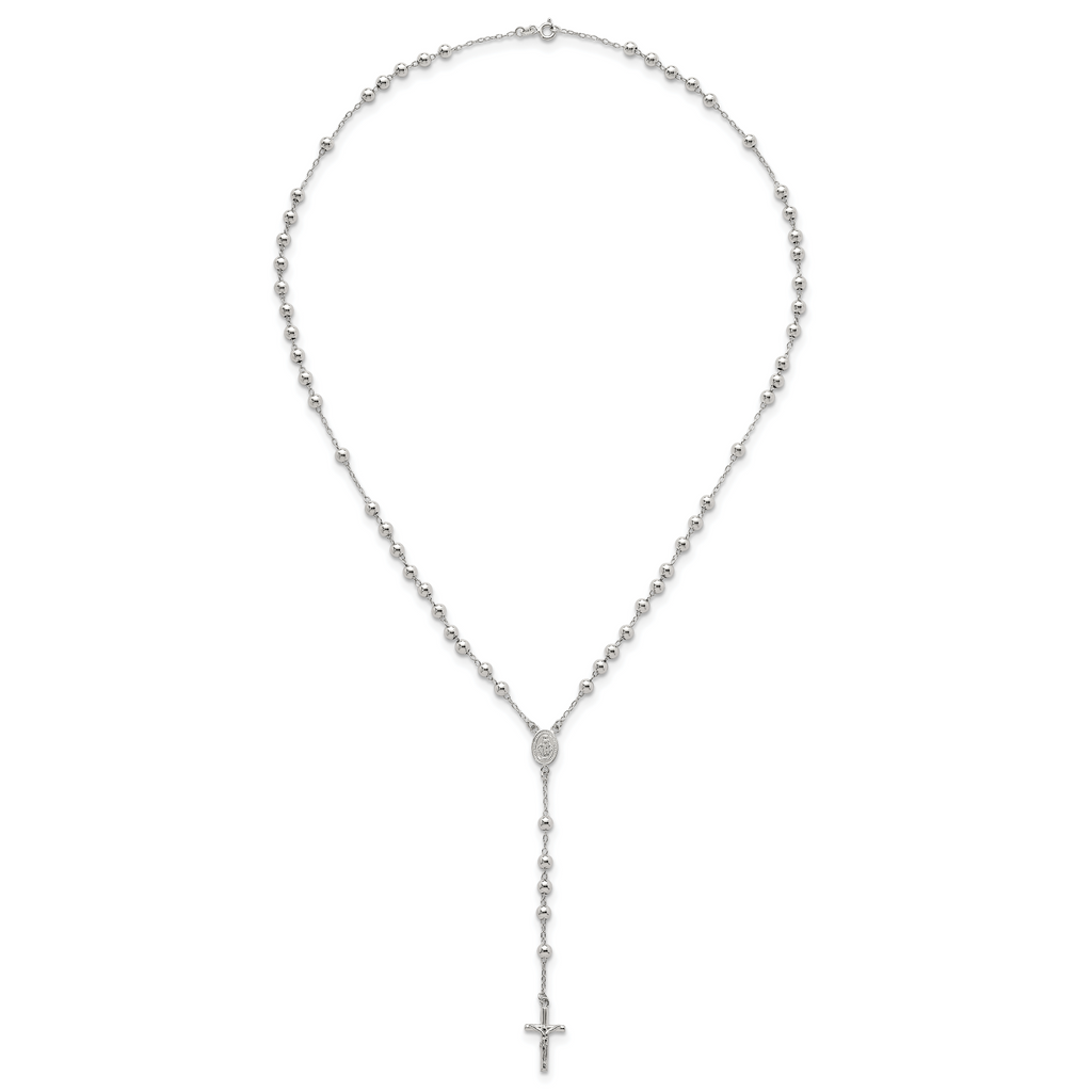 Sterling Silver Polished and Beaded Rosary 24 inch Necklace
