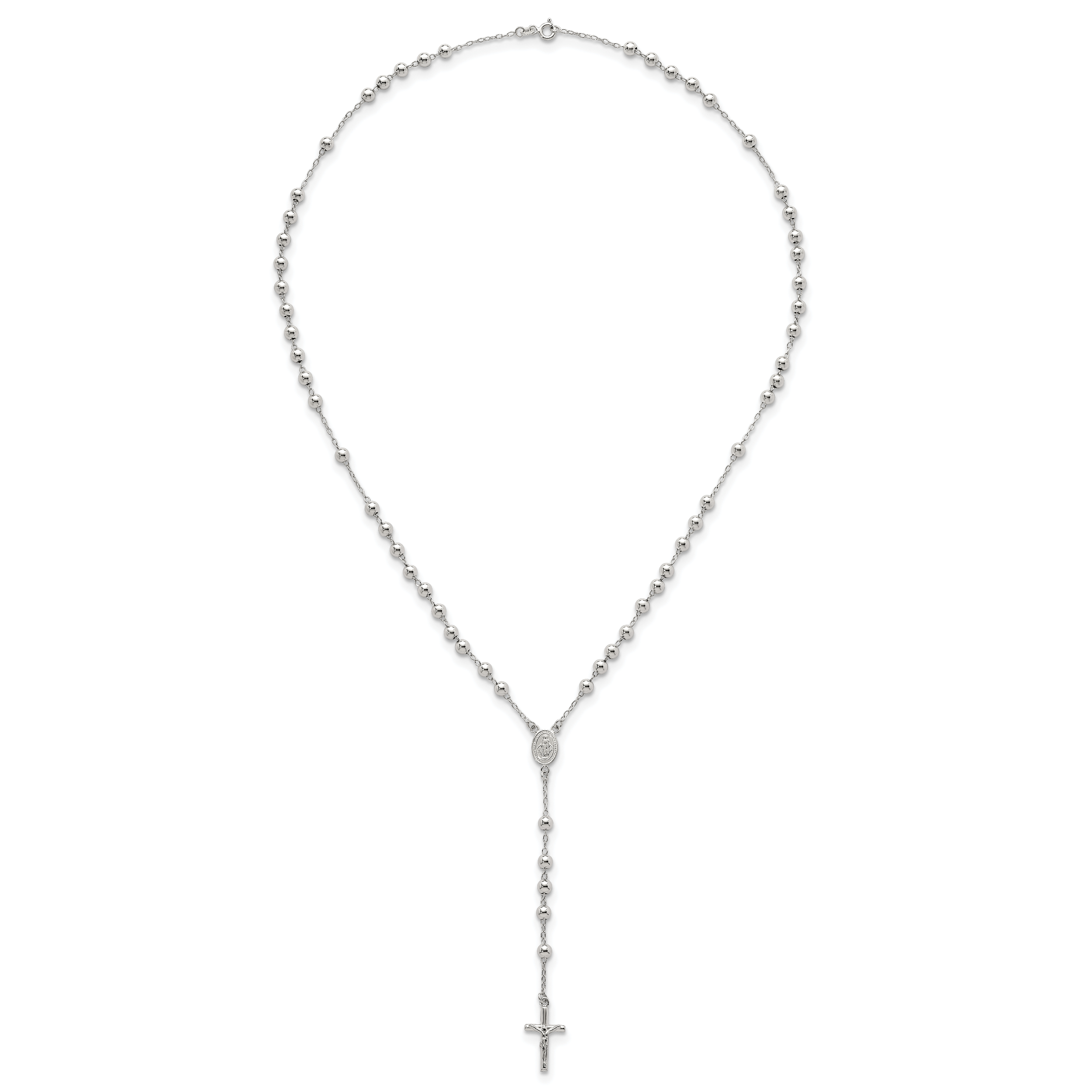 Sterling Silver Polished and Beaded Rosary 24 inch Necklace