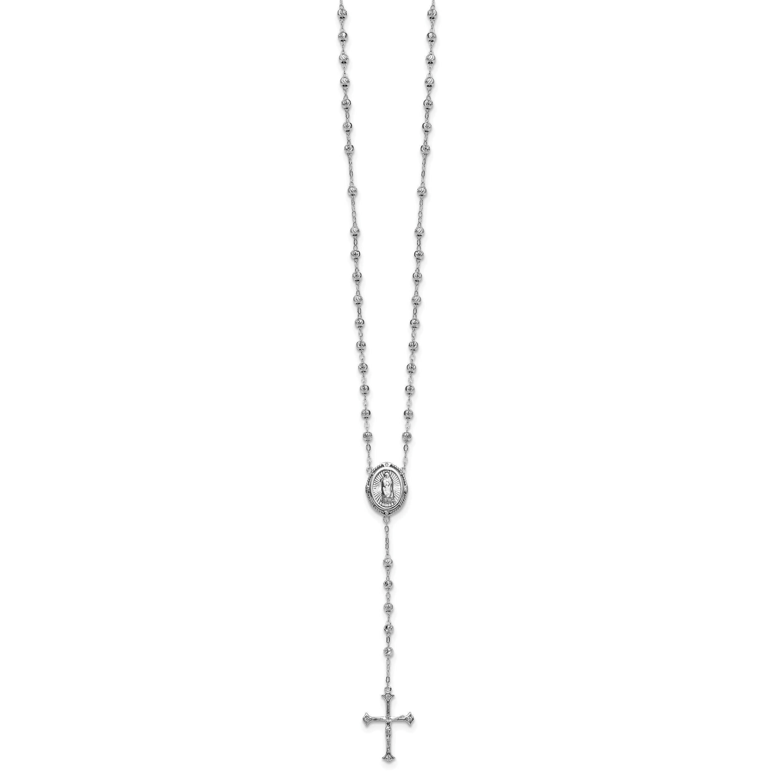 Sterling Silver Rhodium-plated CZ Diamond-cut Beaded 18 inch Rosary Necklace