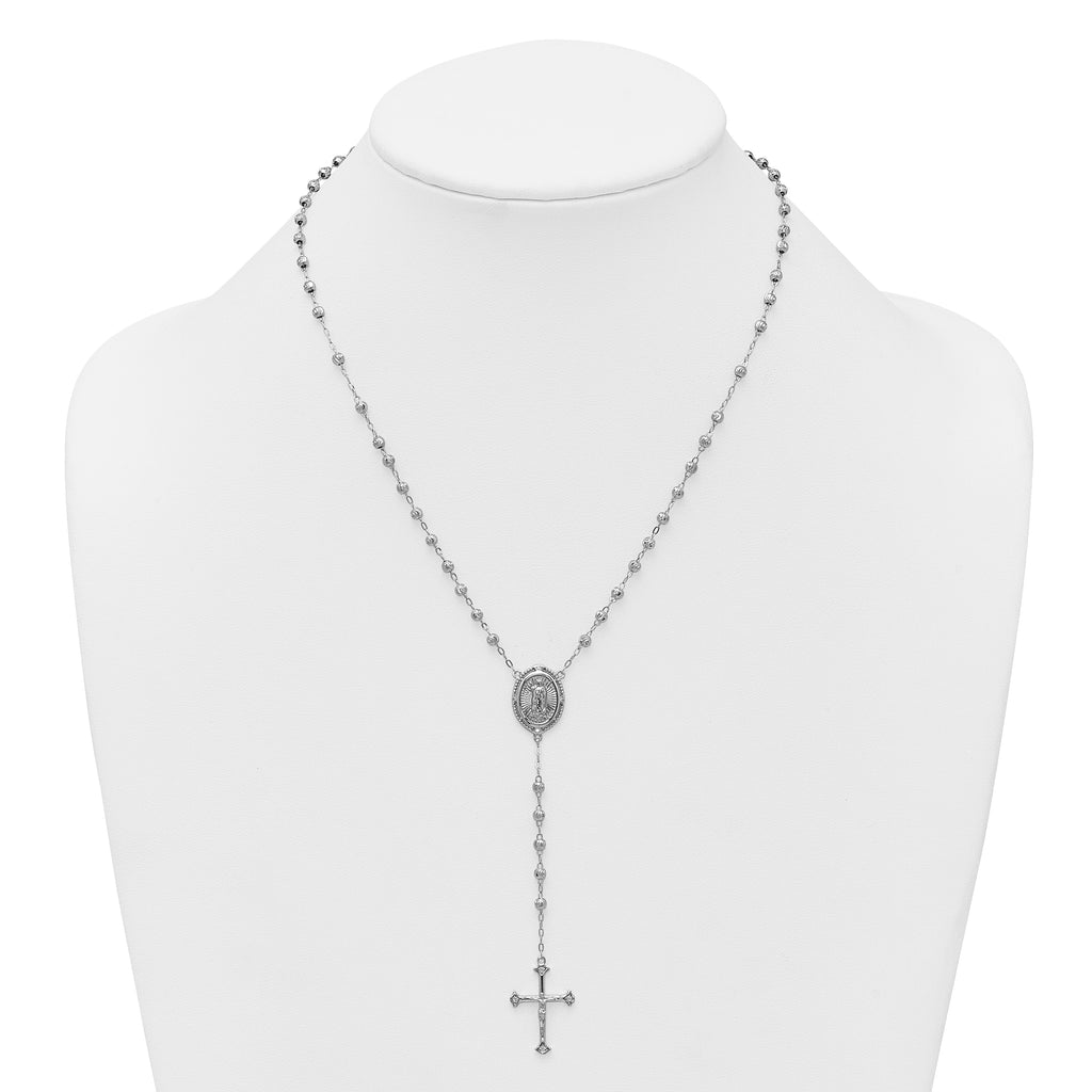 Sterling Silver Rhodium-plated CZ Diamond-cut Beaded 18 inch Rosary Necklace