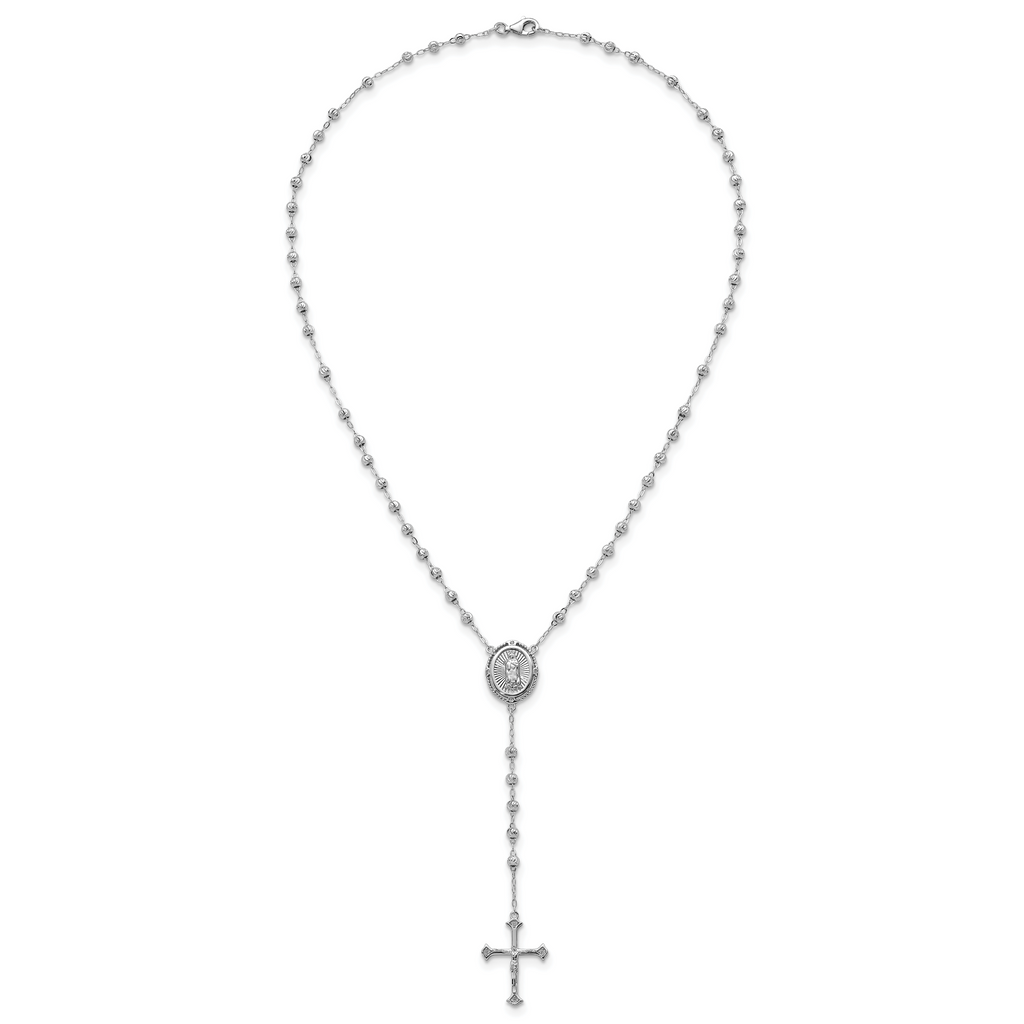 Sterling Silver Rhodium-plated CZ Diamond-cut Beaded 18 inch Rosary Necklace