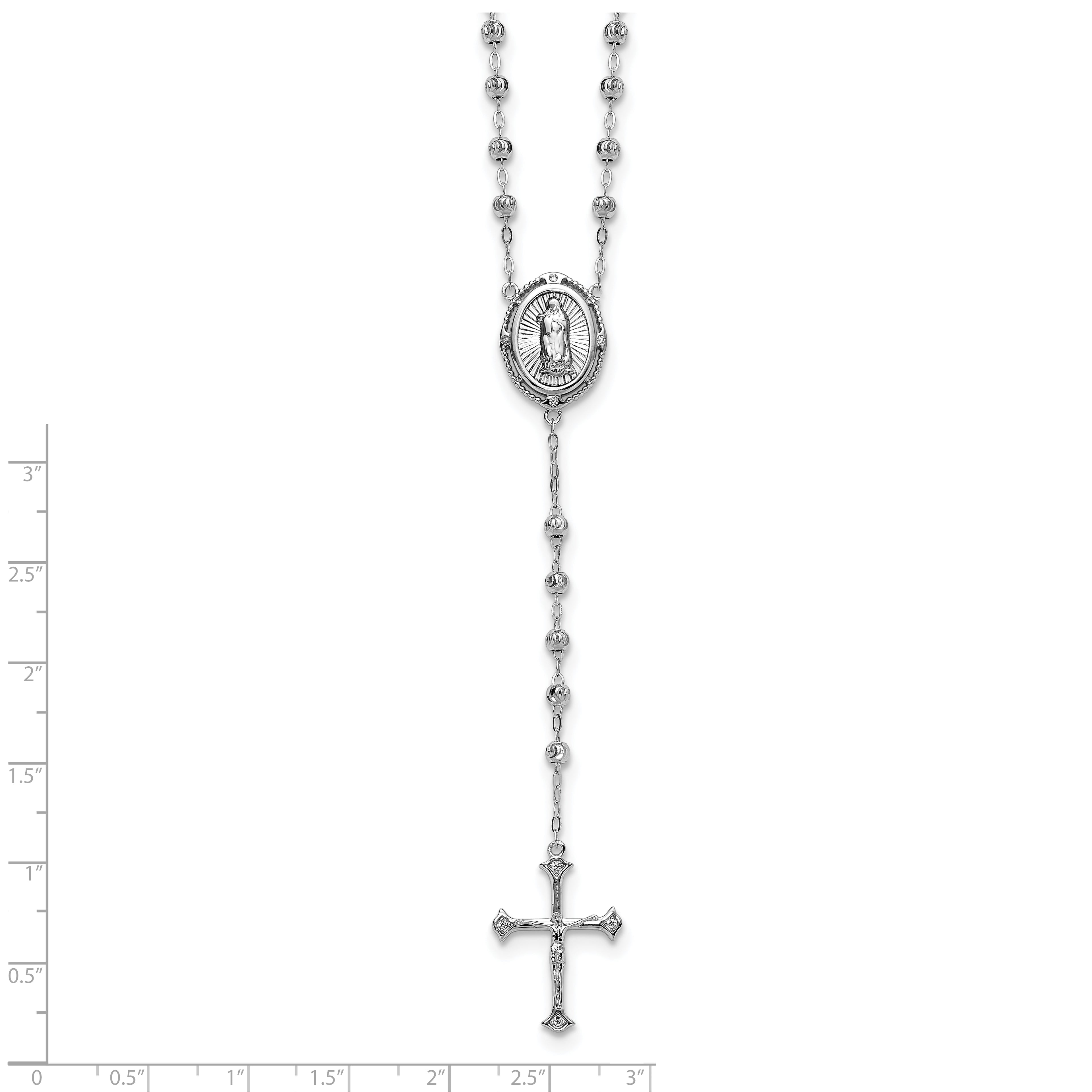 Sterling Silver Rhodium-plated CZ Diamond-cut Beaded 18 inch Rosary Necklace