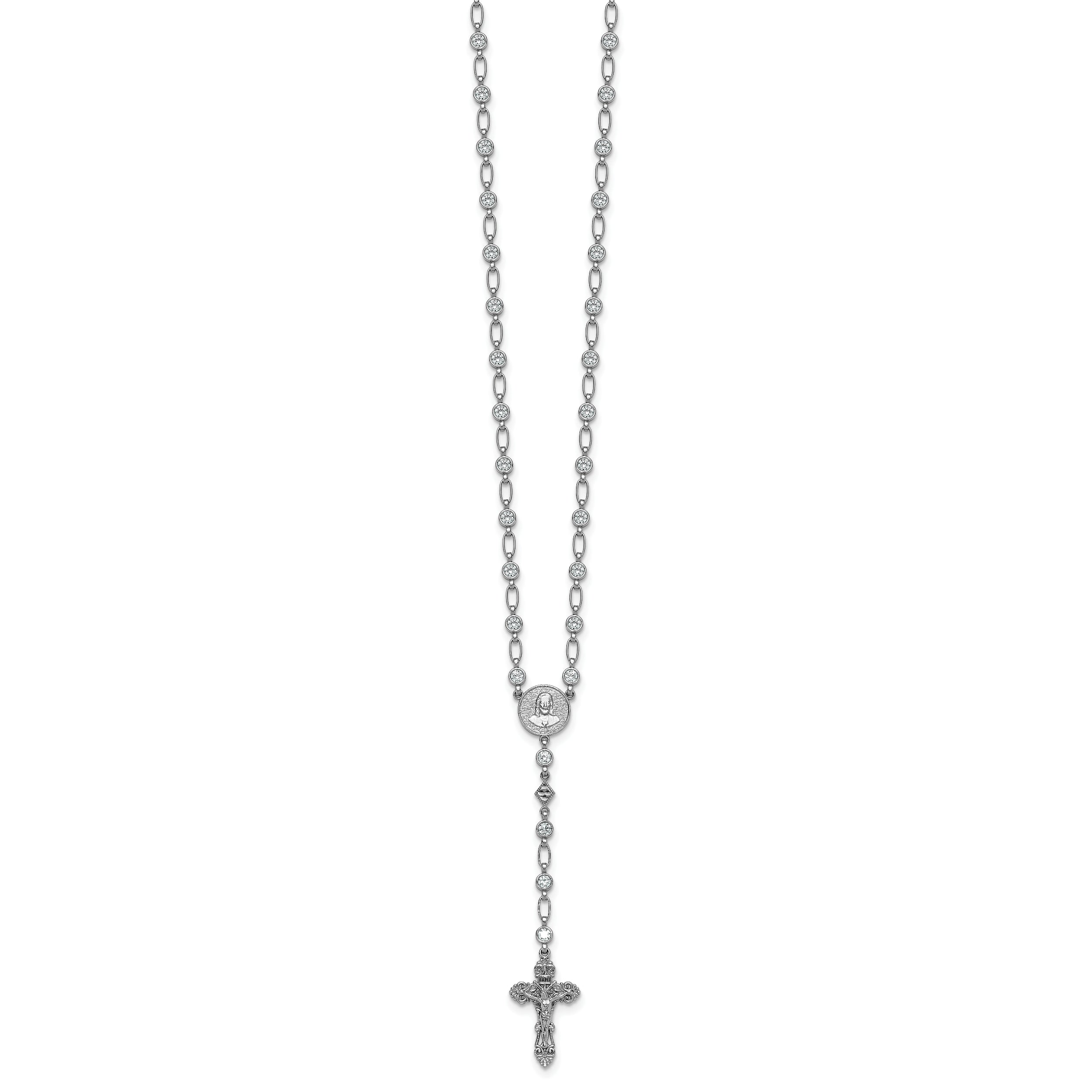 Sterling Silver Rhodium-plated Polished Round CZ 25.25 inch Rosary Necklace