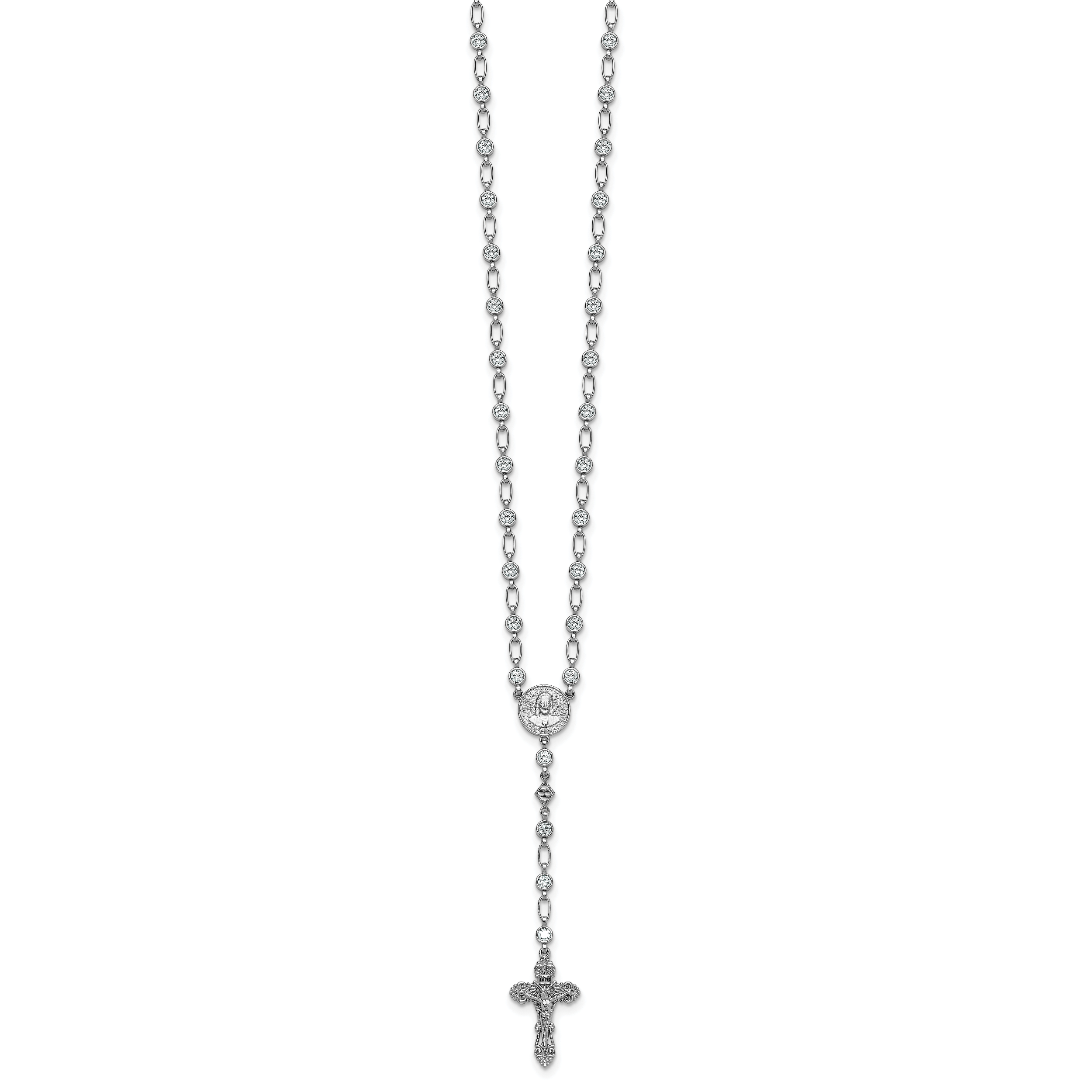 Sterling Silver Rhodium-plated Polished Round CZ 25.25 inch Rosary Necklace Secondary image