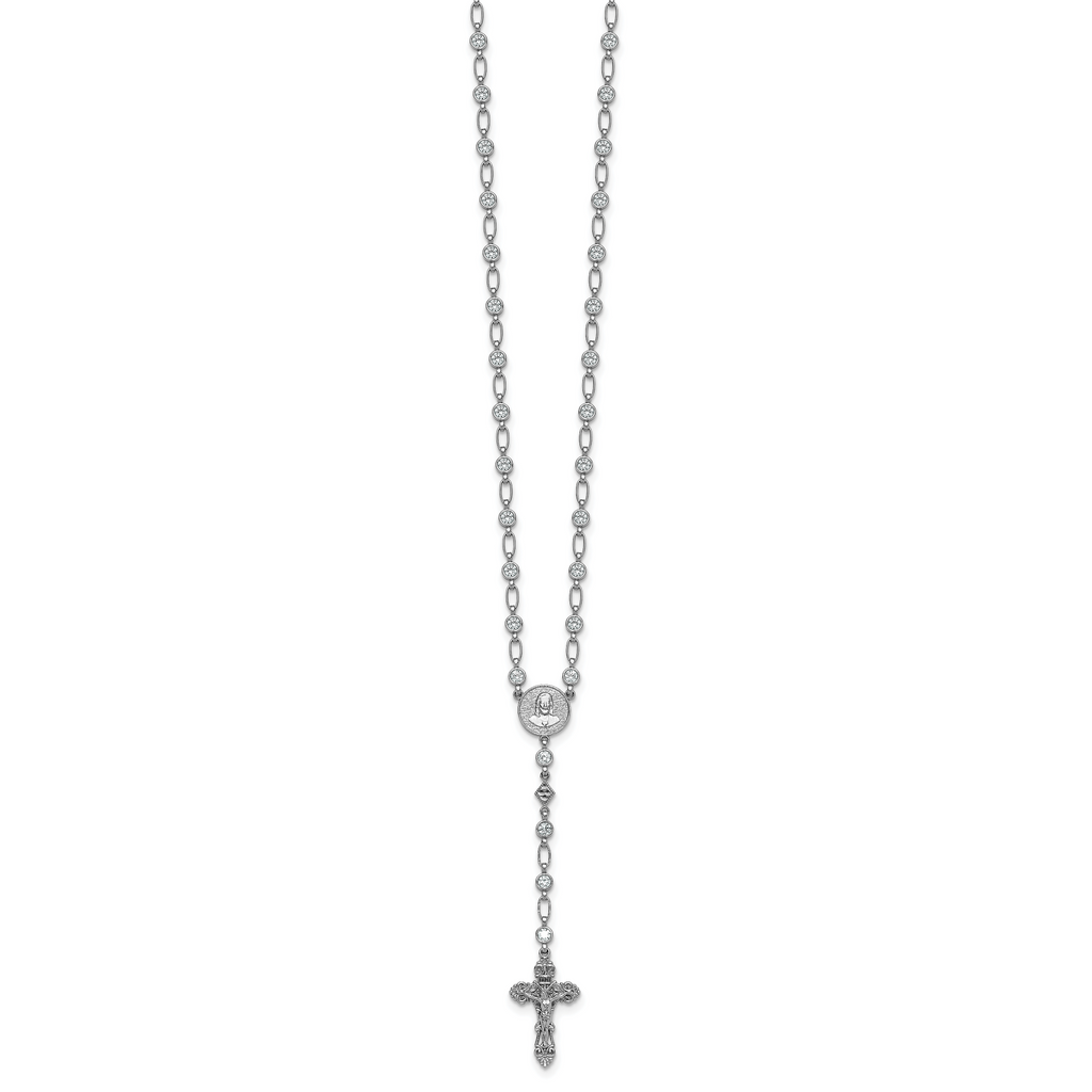 Sterling Silver Rhodium-plated Polished Round CZ 25.25 inch Rosary Necklace