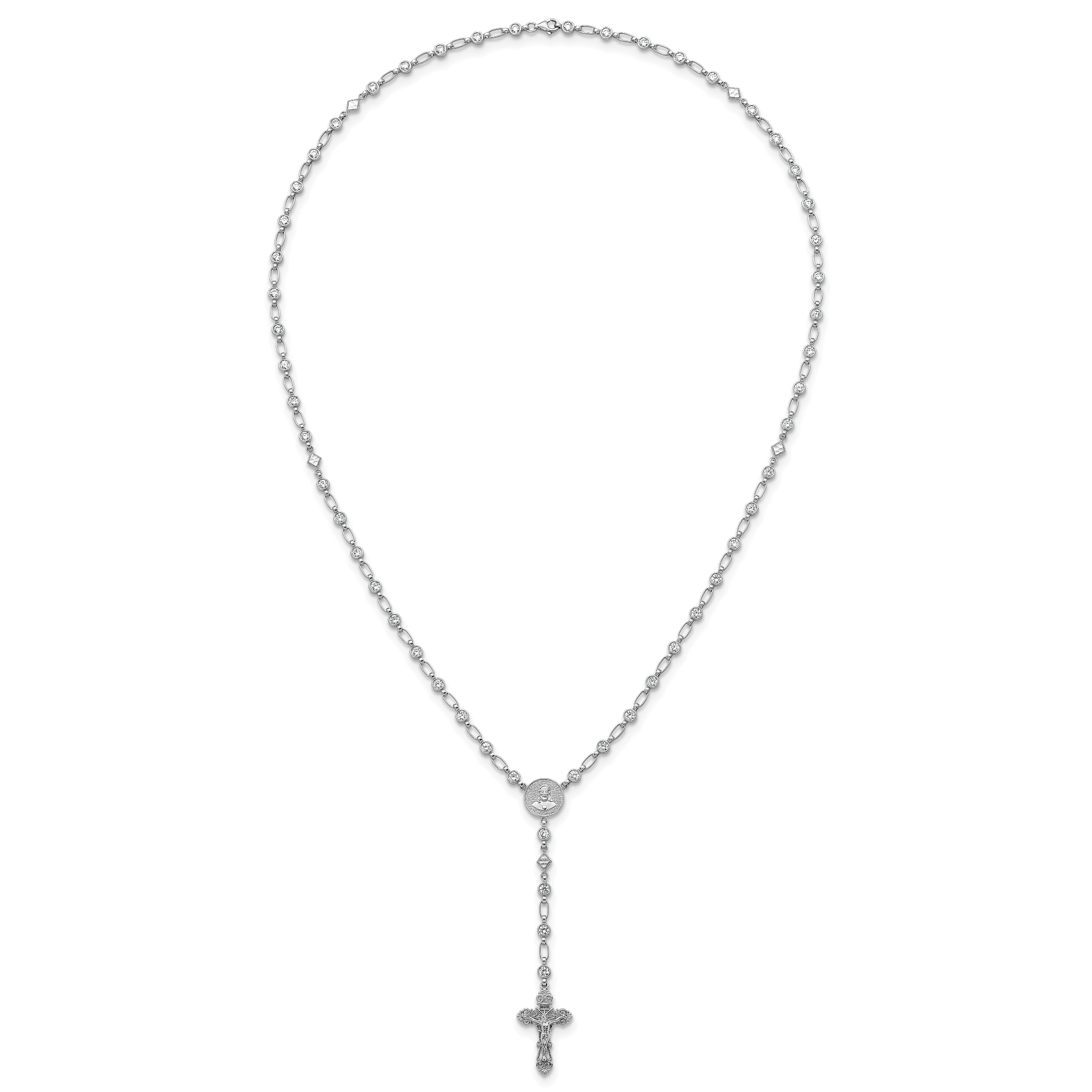 Sterling Silver Rhodium-plated Polished Round CZ 25.25 inch Rosary Necklace