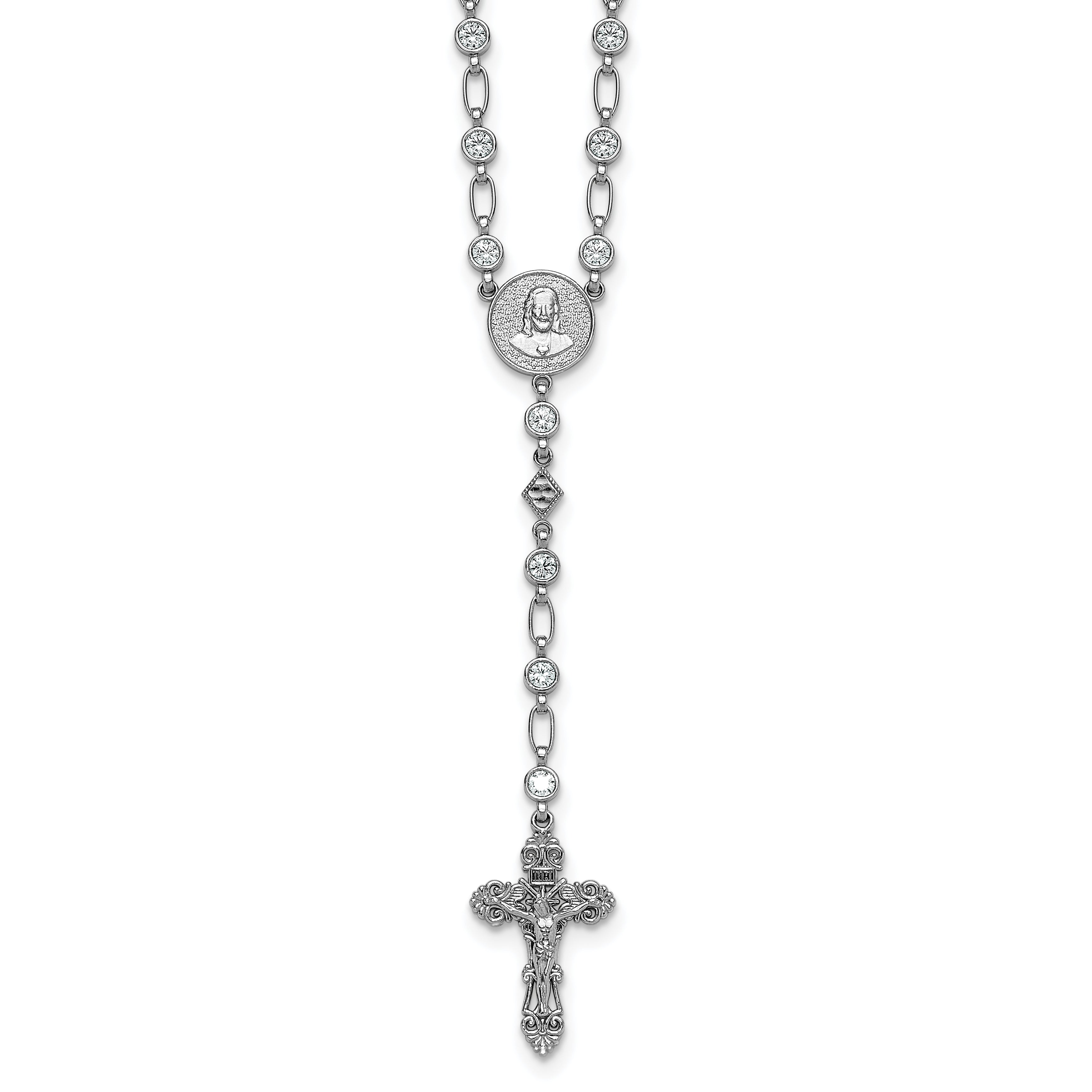 Sterling Silver Rhodium-plated Polished Round CZ 25.25 inch Rosary Necklace