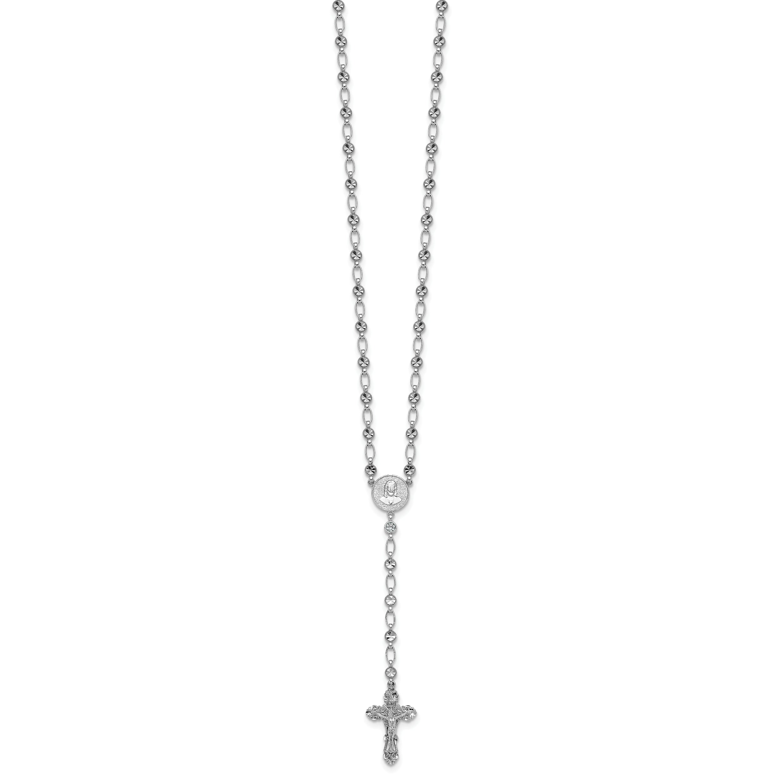 Sterling Silver Rhodium-plated Polished CZ and Diamond-cut Circles 25.5 inch Rosary Necklace