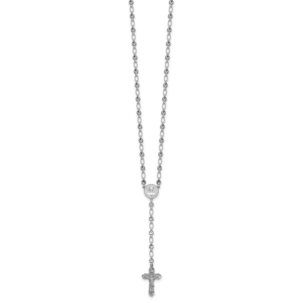 Sterling Silver Rhodium-plated Polished CZ and Diamond-cut Circles 25.5 inch Rosary Necklace
