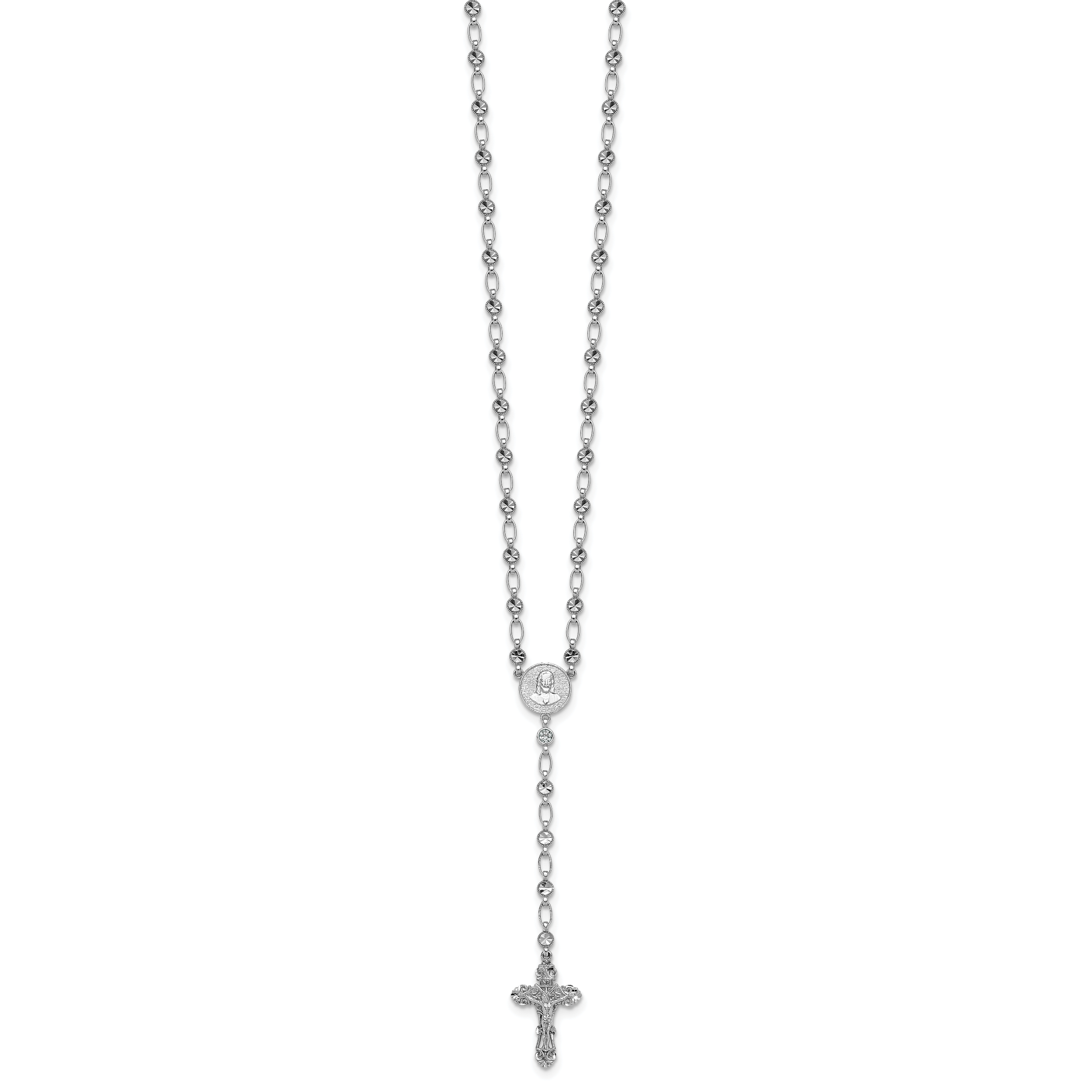 Sterling Silver Rhodium-plated Polished CZ and Diamond-cut Circles 25.5 inch Rosary Necklace