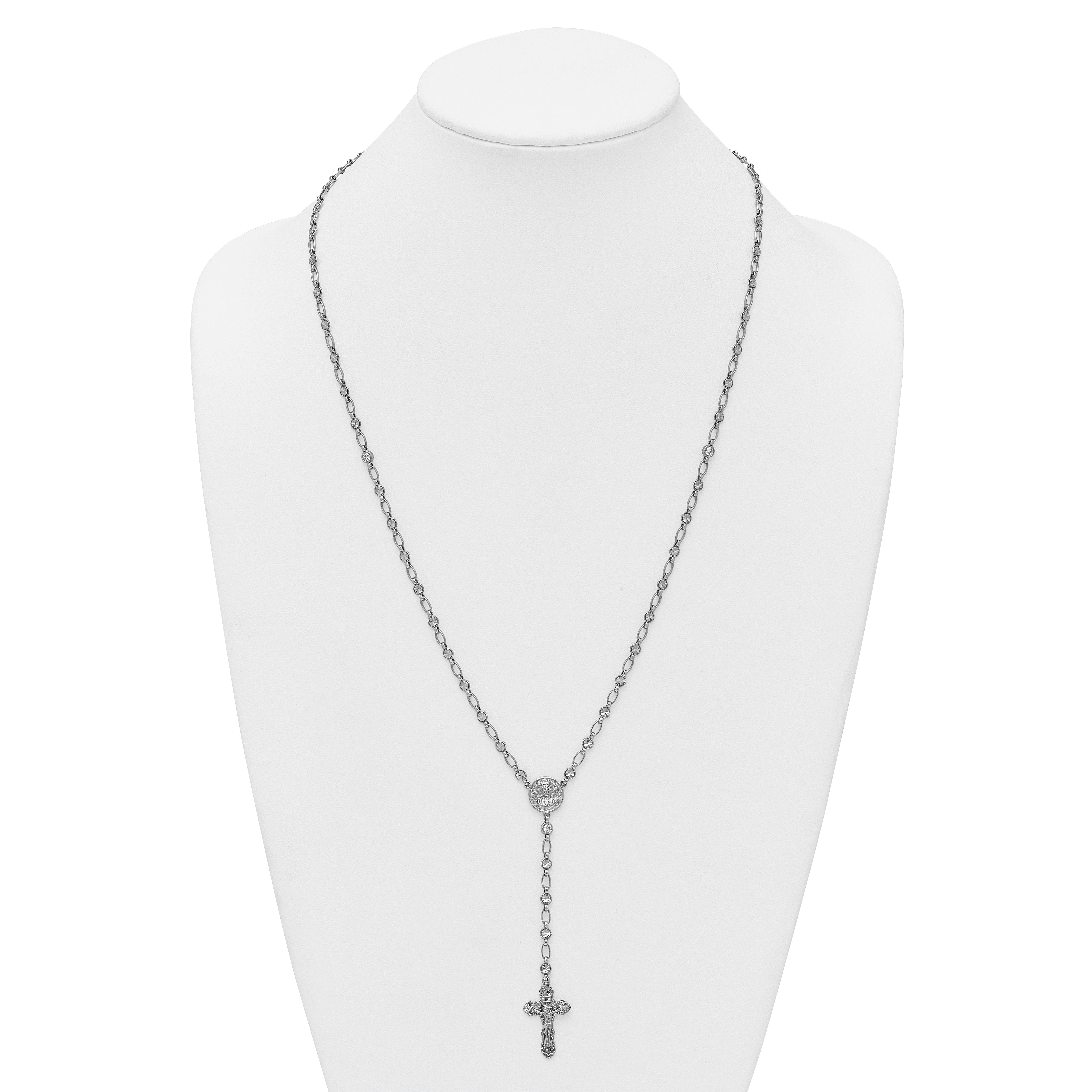 Sterling Silver Rhodium-plated Polished CZ and Diamond-cut Circles 25.5 inch Rosary Necklace