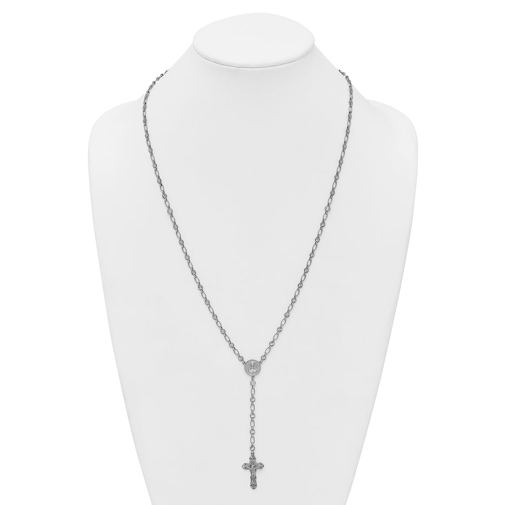 Sterling Silver Rhodium-plated Polished CZ and Diamond-cut Circles 25.5 inch Rosary Necklace
