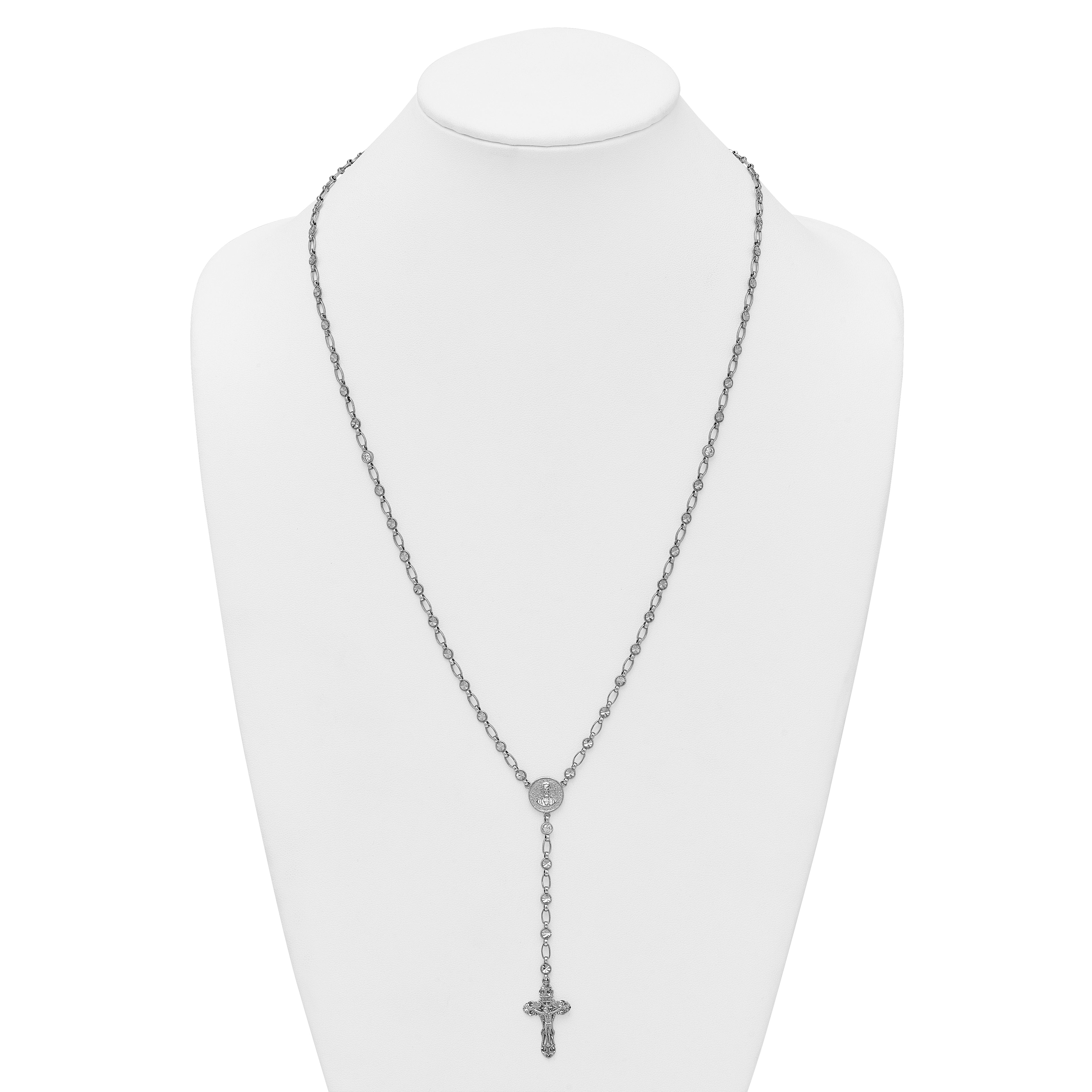 Sterling Silver Rhodium-plated Polished CZ and Diamond-cut Circles 25.5 inch Rosary Necklace