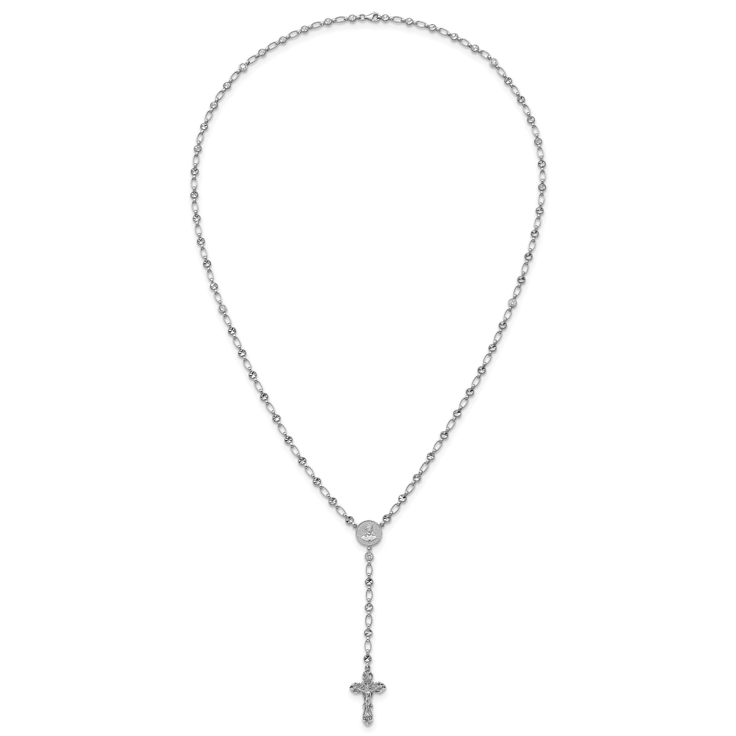 Sterling Silver Rhodium-plated Polished CZ and Diamond-cut Circles 25.5 inch Rosary Necklace