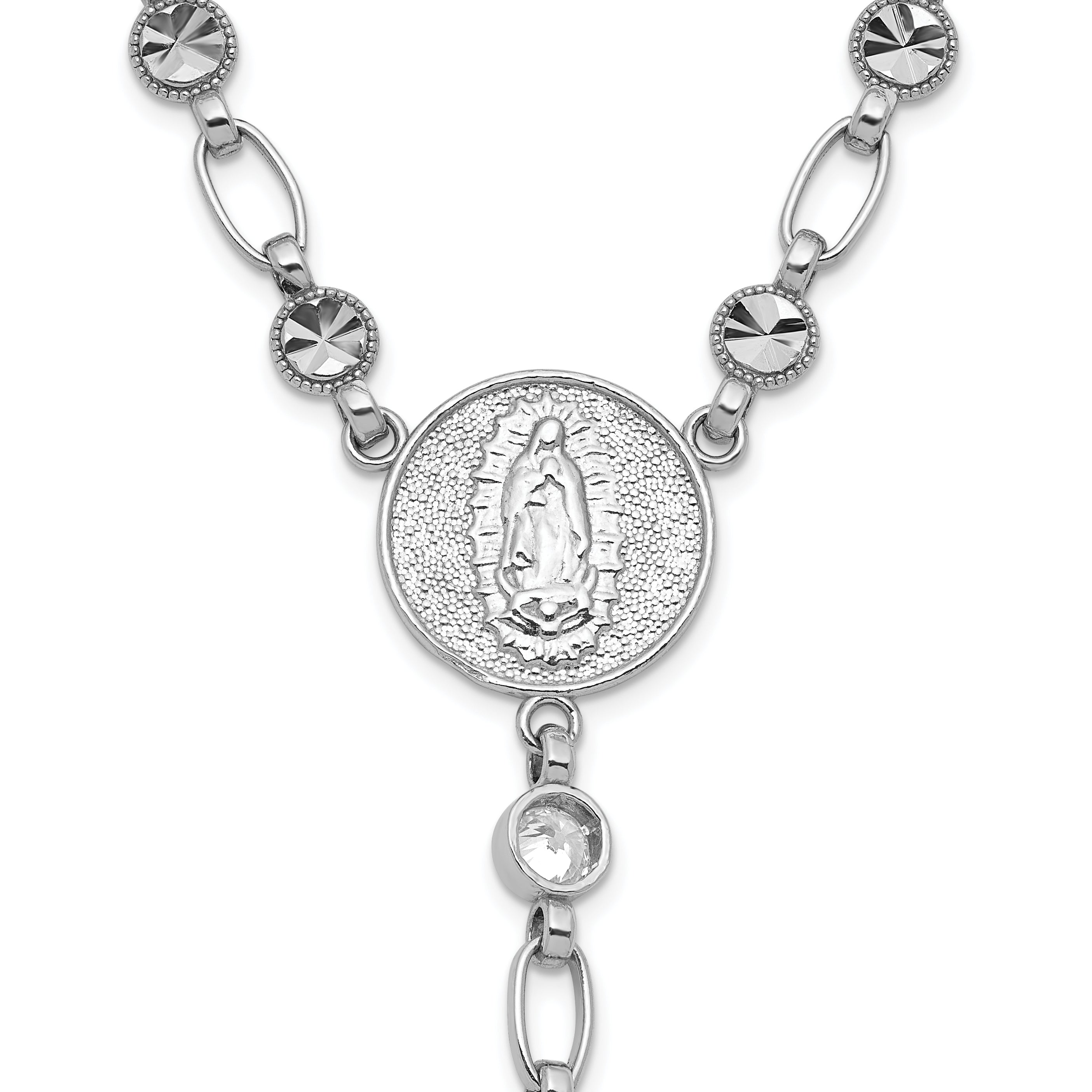 Sterling Silver Rhodium-plated Polished CZ and Diamond-cut Circles 25.5 inch Rosary Necklace