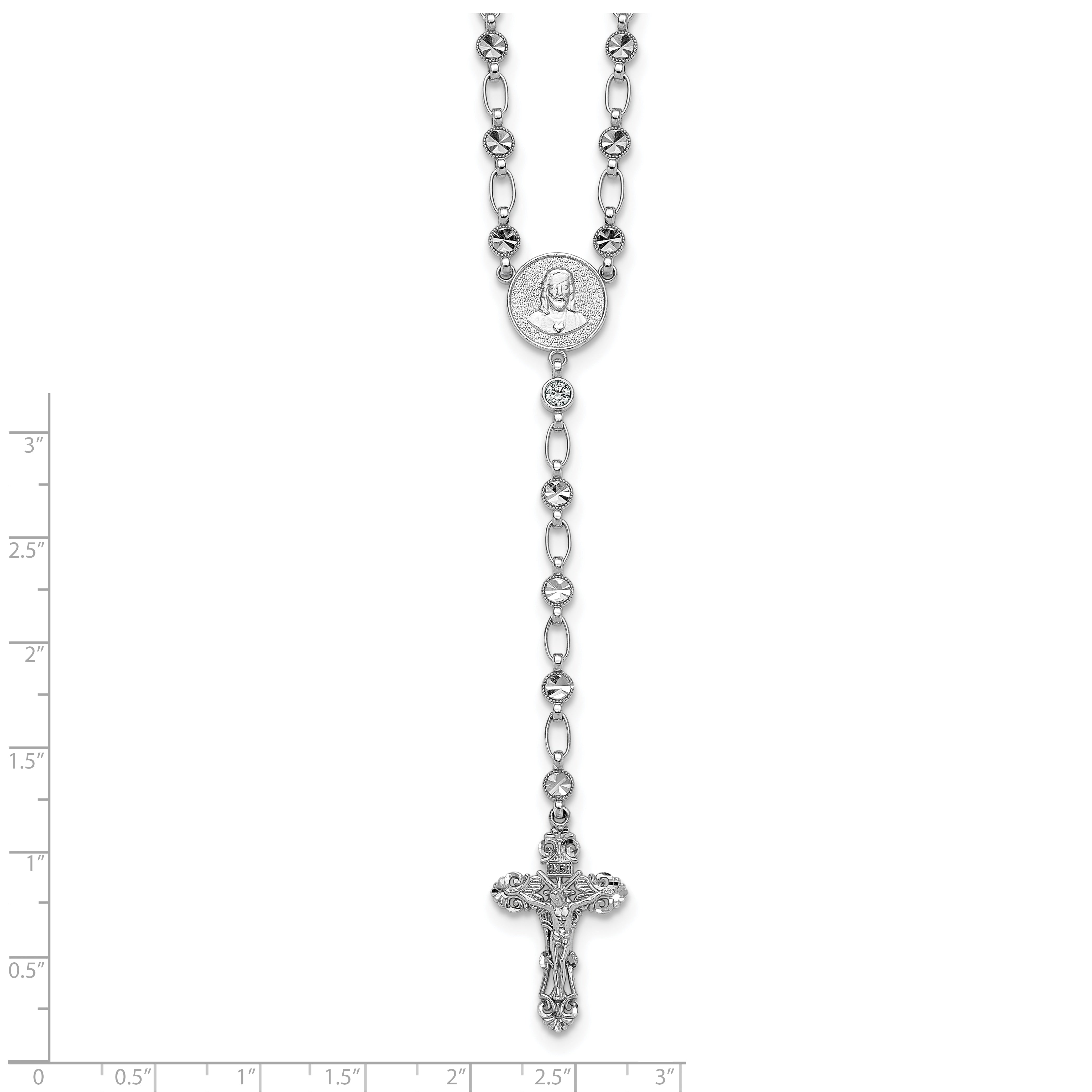Sterling Silver Rhodium-plated Polished CZ and Diamond-cut Circles 25.5 inch Rosary Necklace