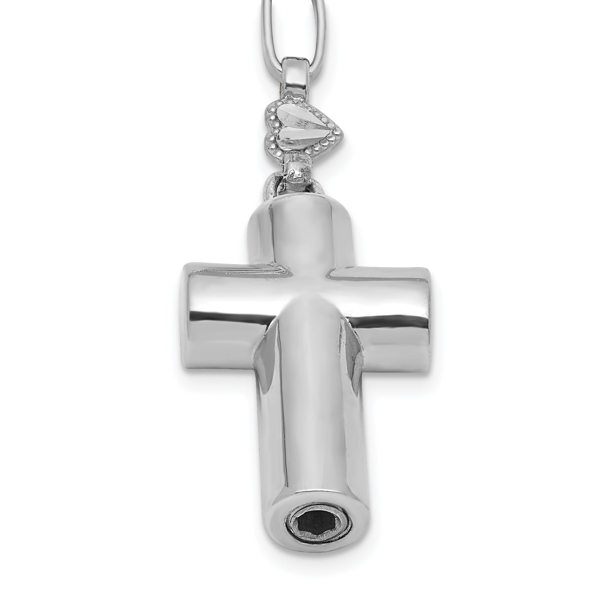 Sterling Silver Rhodium-plated CZ and Diamond-cut Heart Link with Cross Ash Holder 26.5 inch Rosary Necklace