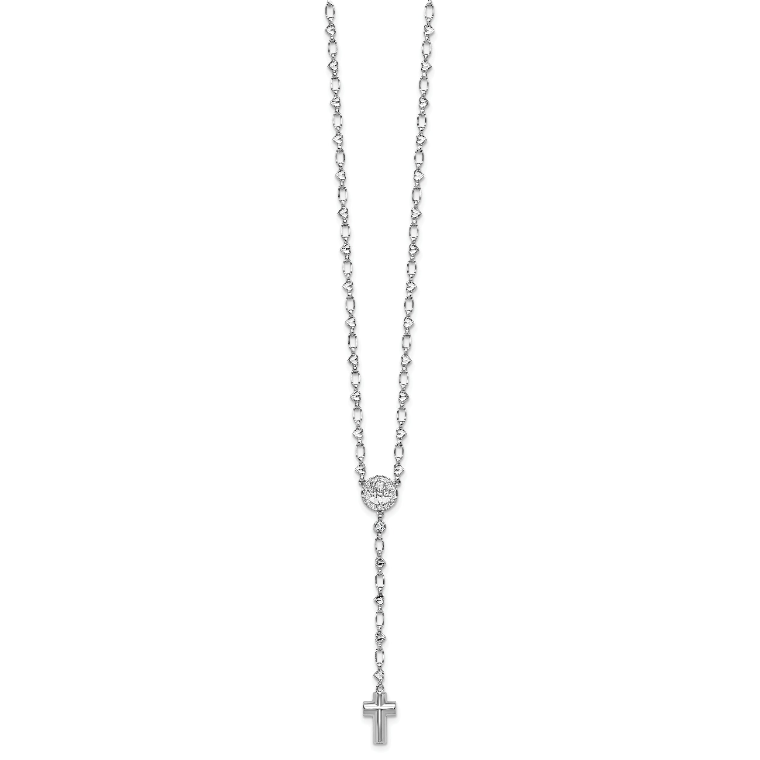 Sterling Silver Rhodium-plated CZ and Diamond-cut Heart Link with Cross Ash Holder 26.5 inch Rosary Necklace