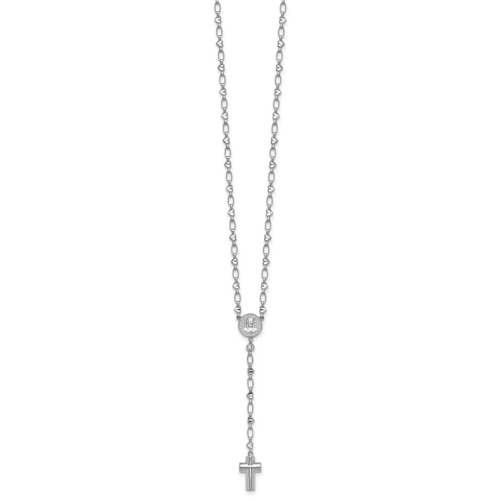 Sterling Silver Rhodium-plated CZ and Diamond-cut Heart Link with Cross Ash Holder 26.5 inch Rosary Necklace