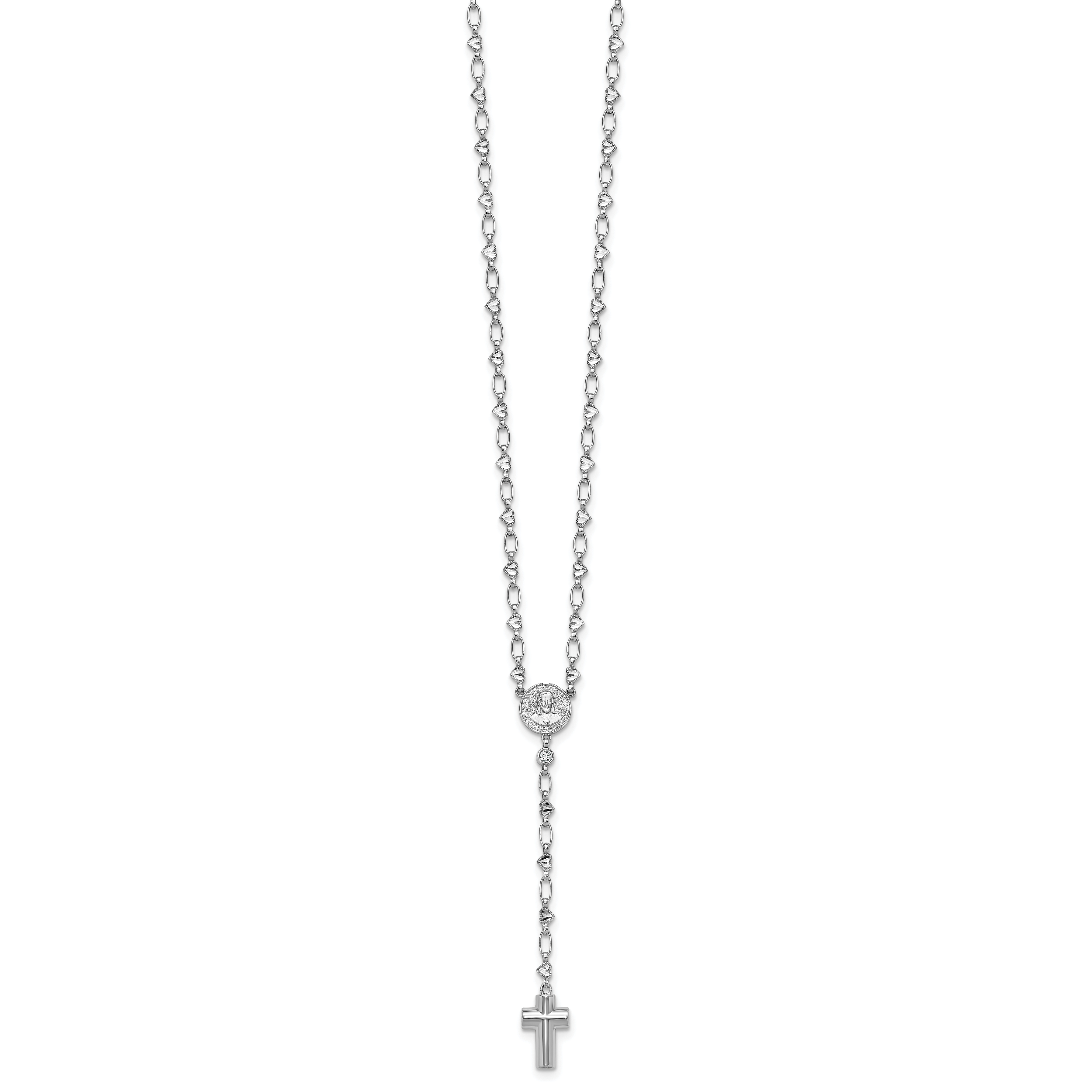 Sterling Silver Rhodium-plated CZ and Diamond-cut Heart Link with Cross Ash Holder 26.5 inch Rosary Necklace