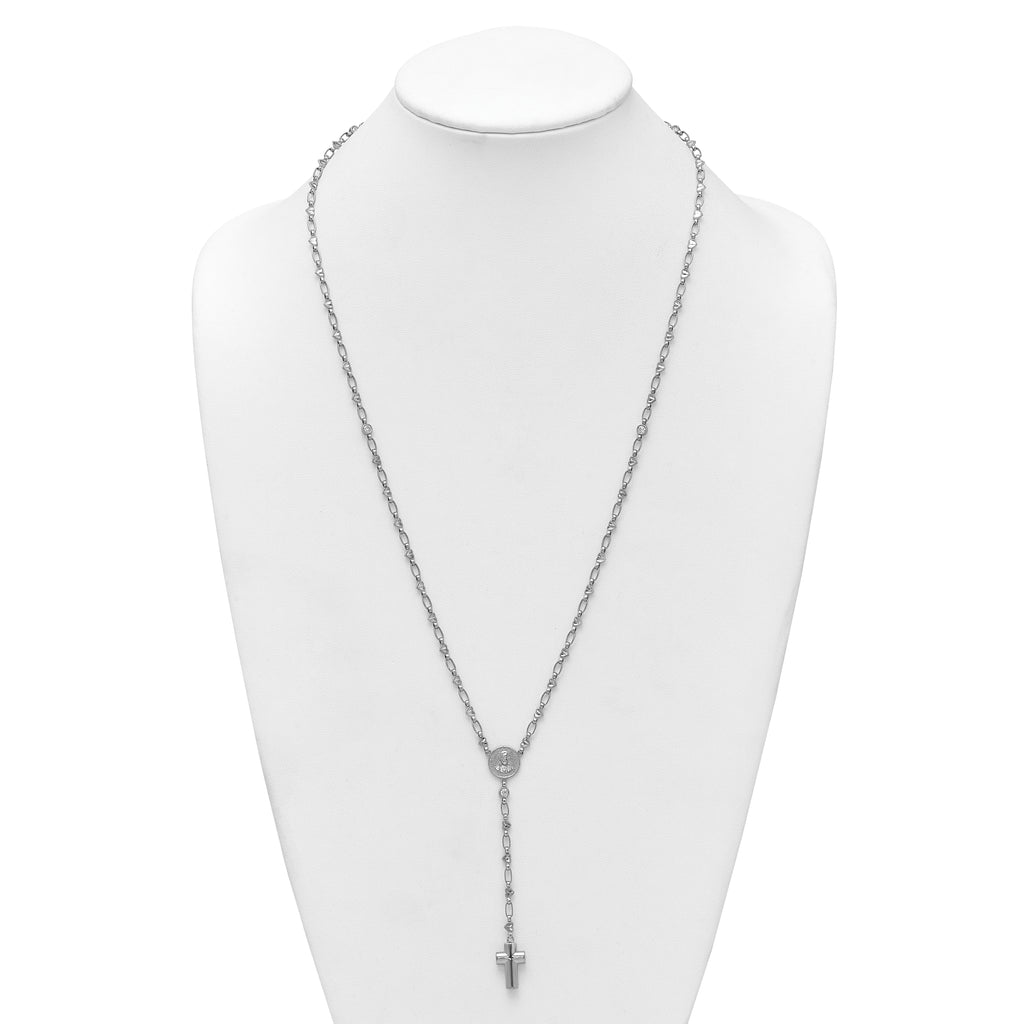 Sterling Silver Rhodium-plated CZ and Diamond-cut Heart Link with Cross Ash Holder 26.5 inch Rosary Necklace