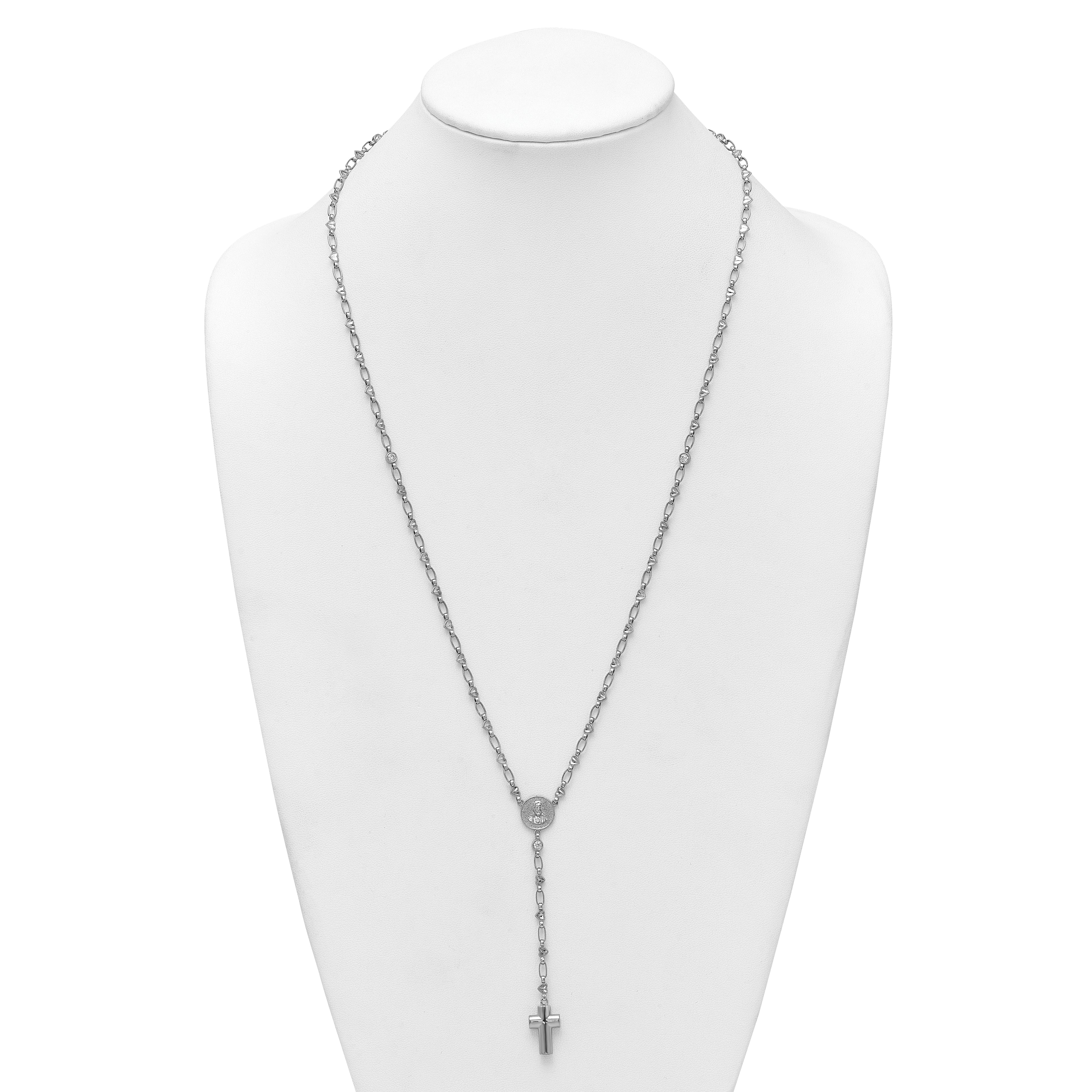 Sterling Silver Rhodium-plated CZ and Diamond-cut Heart Link with Cross Ash Holder 26.5 inch Rosary Necklace