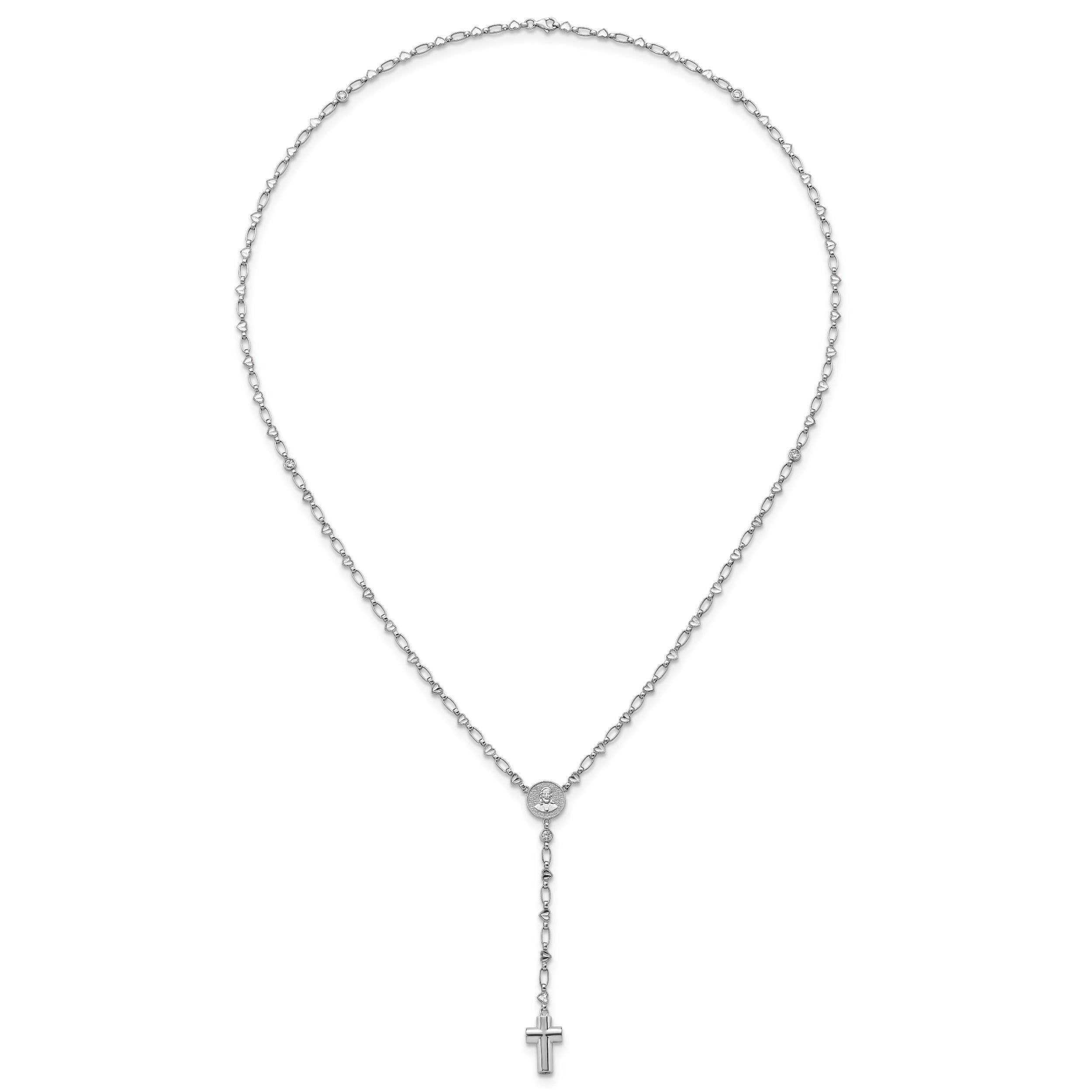 Sterling Silver Rhodium-plated CZ and Diamond-cut Heart Link with Cross Ash Holder 26.5 inch Rosary Necklace