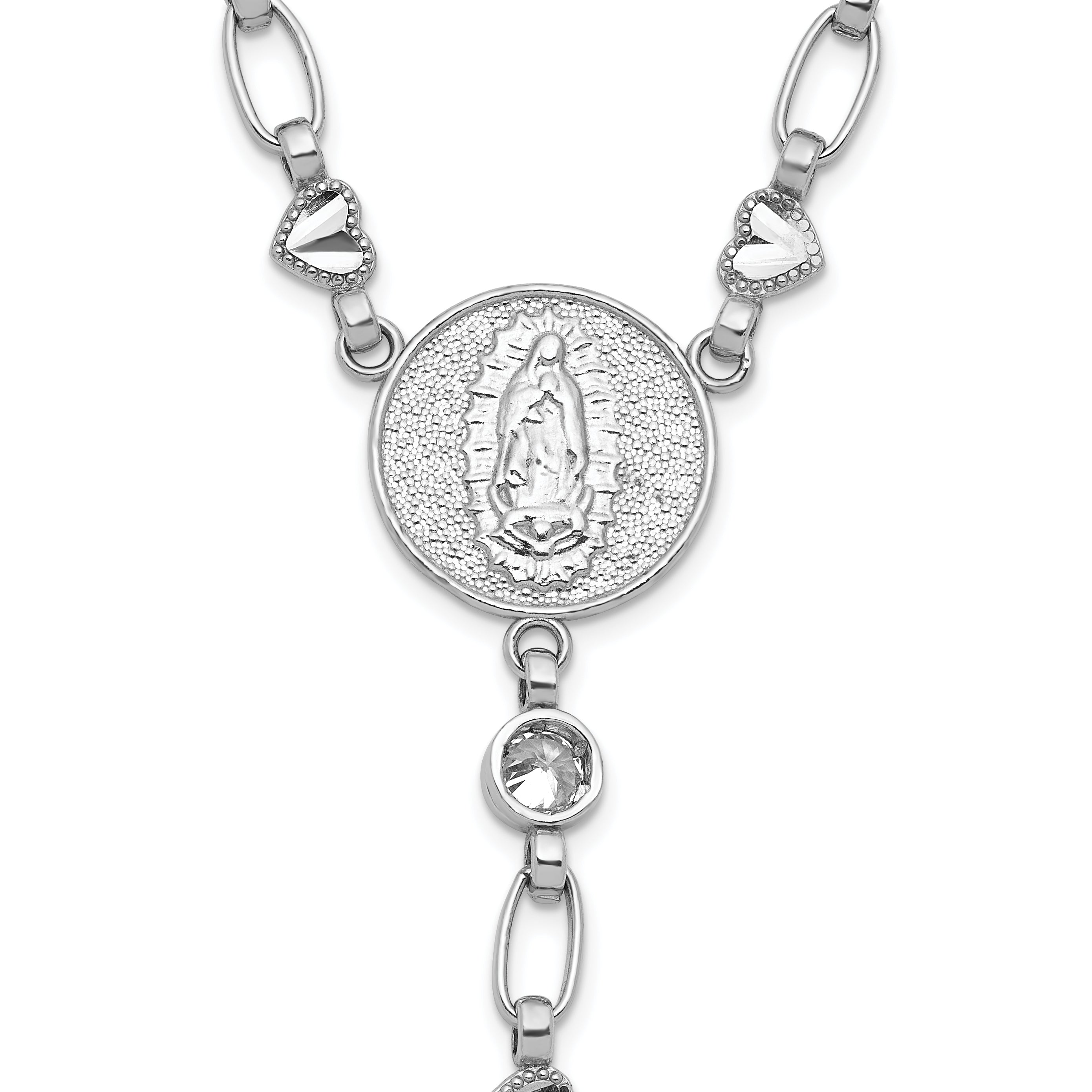 Sterling Silver Rhodium-plated CZ and Diamond-cut Heart Link with Cross Ash Holder 26.5 inch Rosary Necklace