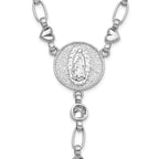Sterling Silver Rhodium-plated CZ and Diamond-cut Heart Link with Cross Ash Holder 26.5 inch Rosary Necklace