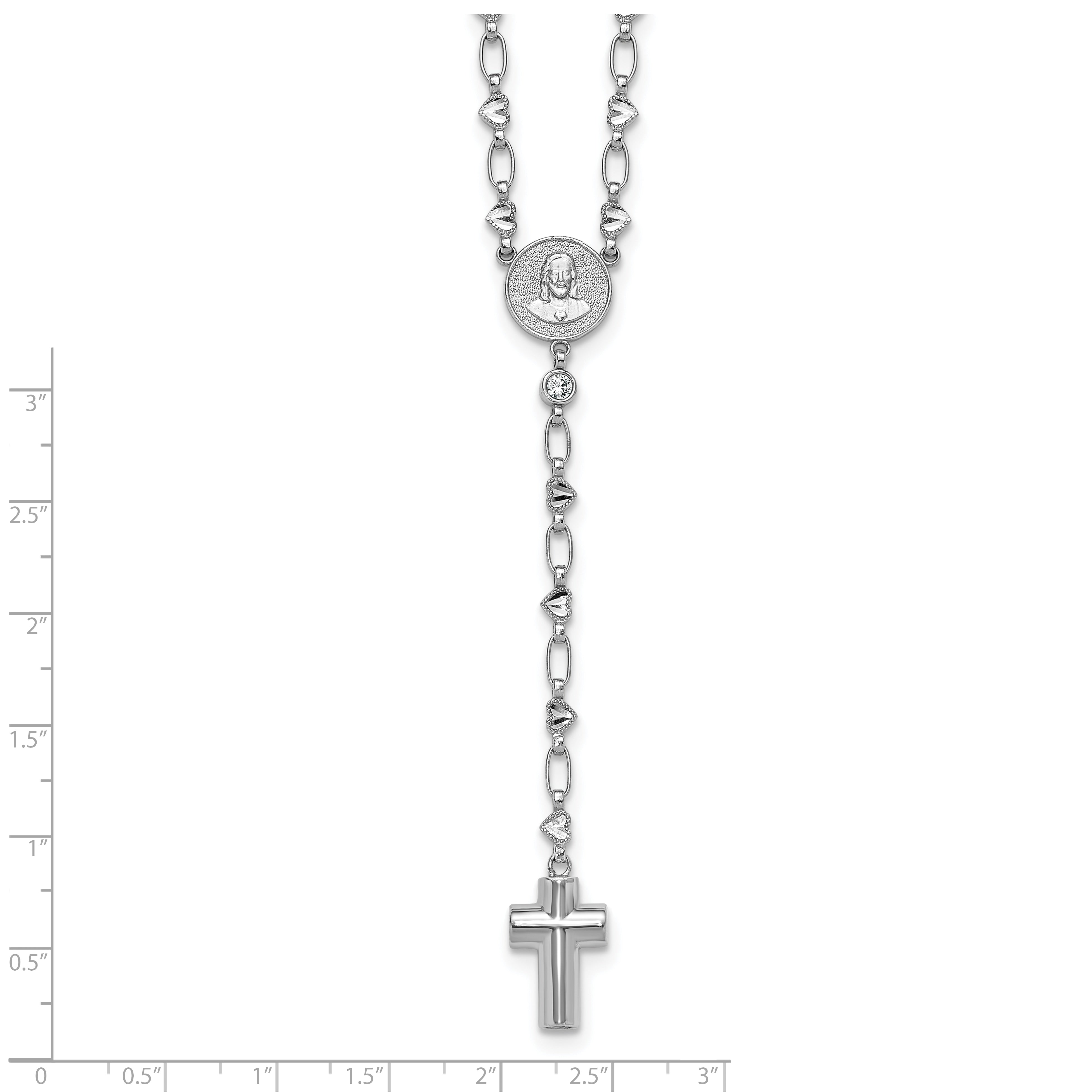 Sterling Silver Rhodium-plated CZ and Diamond-cut Heart Link with Cross Ash Holder 26.5 inch Rosary Necklace