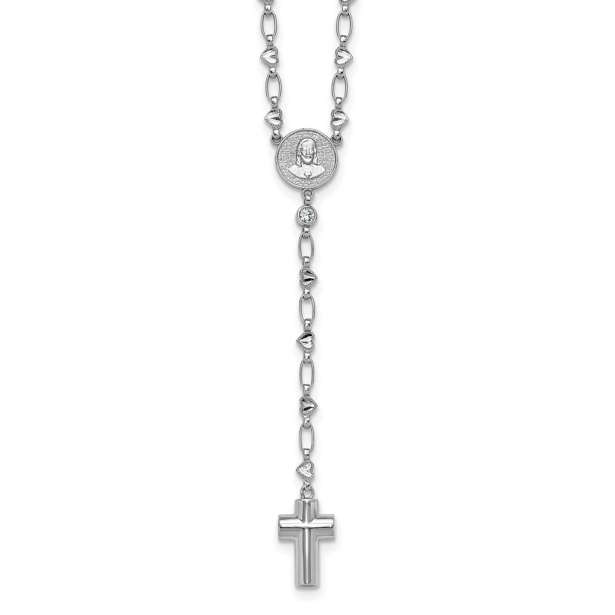 Sterling Silver Rhodium-plated CZ and Diamond-cut Heart Link with Cross Ash Holder 26.5 inch Rosary Necklace