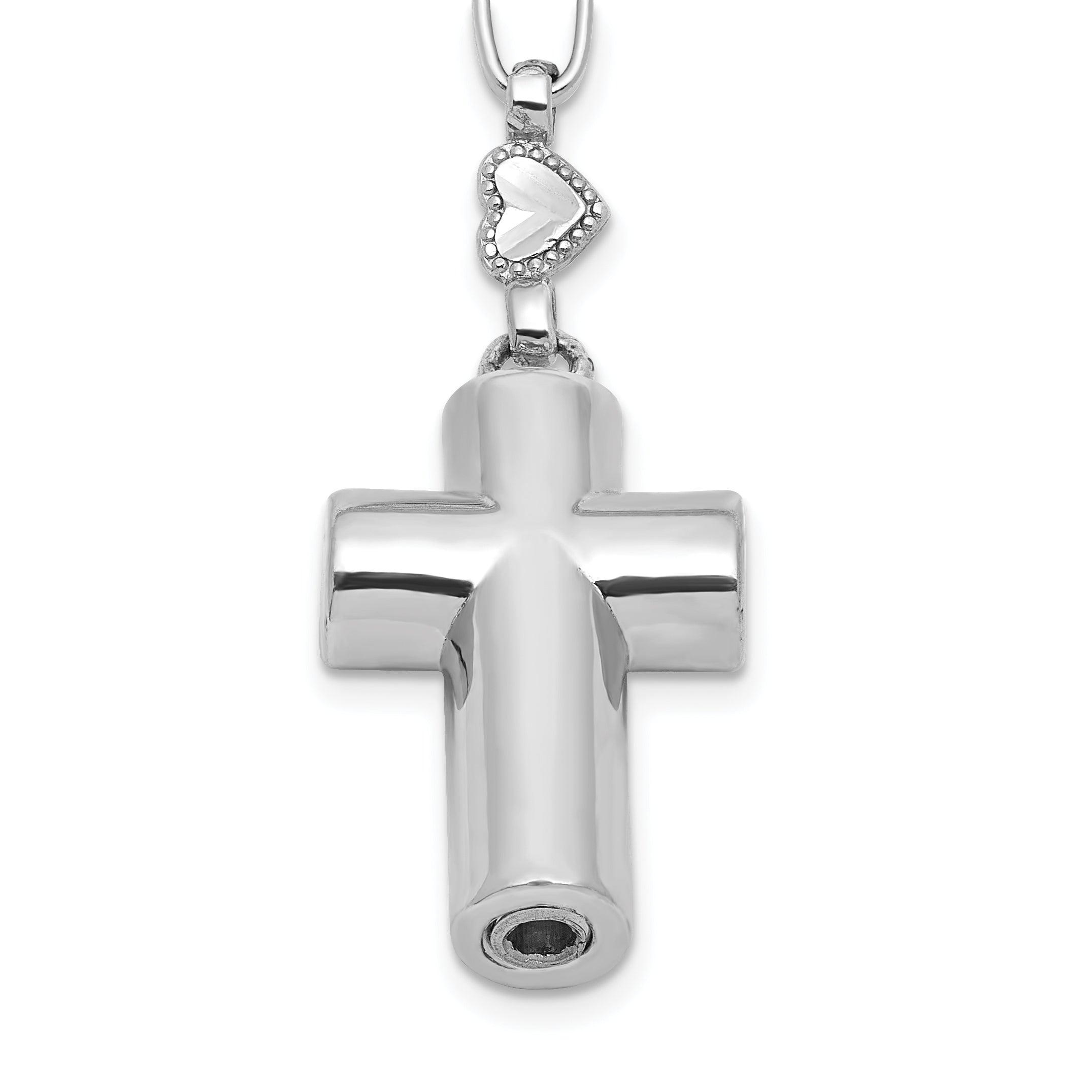 Sterling Silver Rhodium-plated CZ and Diamond-cut Heart and Cross Link with Cross Ash Holder 28.5 inch Rosary Necklace