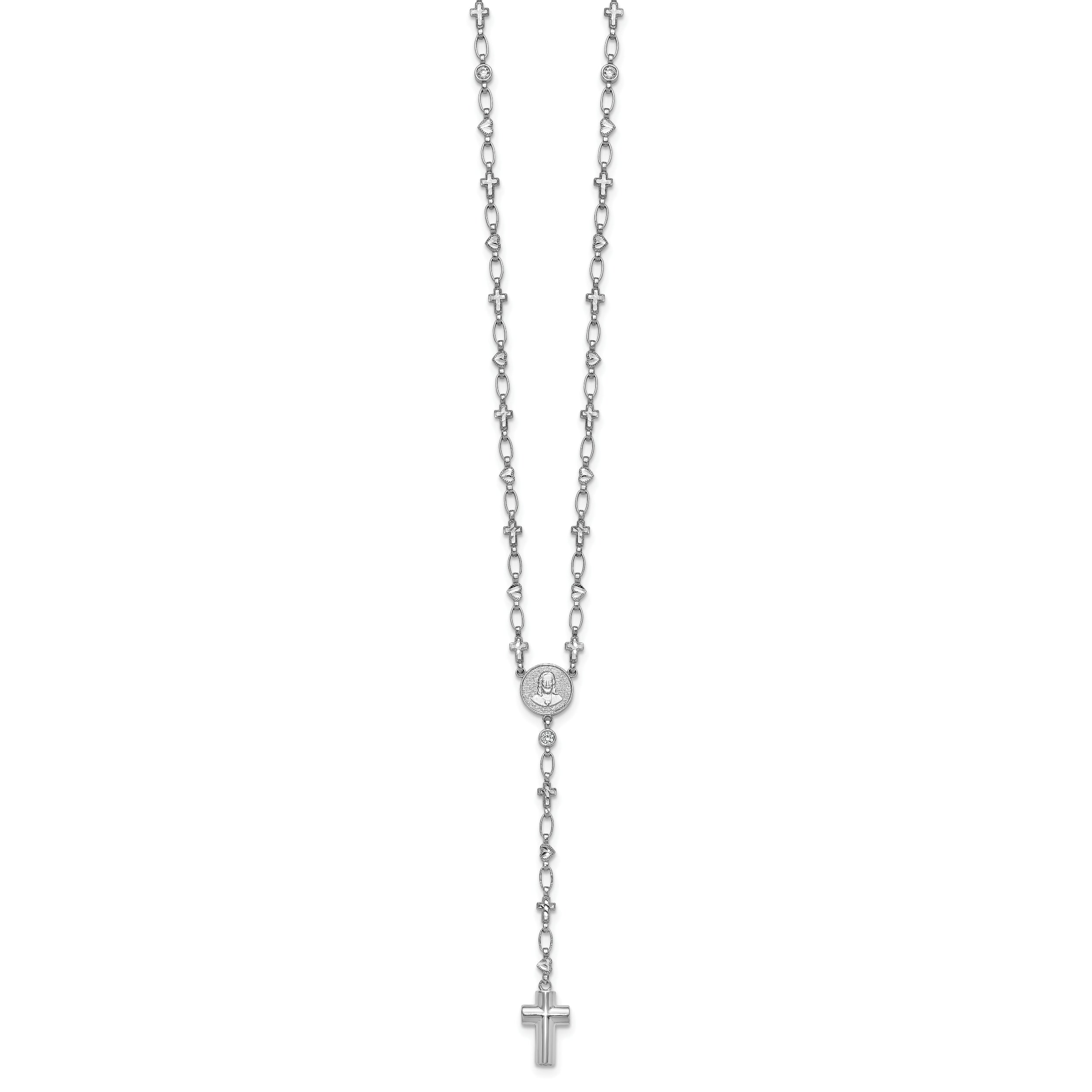 Sterling Silver Rhodium-plated CZ and Diamond-cut Heart and Cross Link with Cross Ash Holder 28.5 inch Rosary Necklace