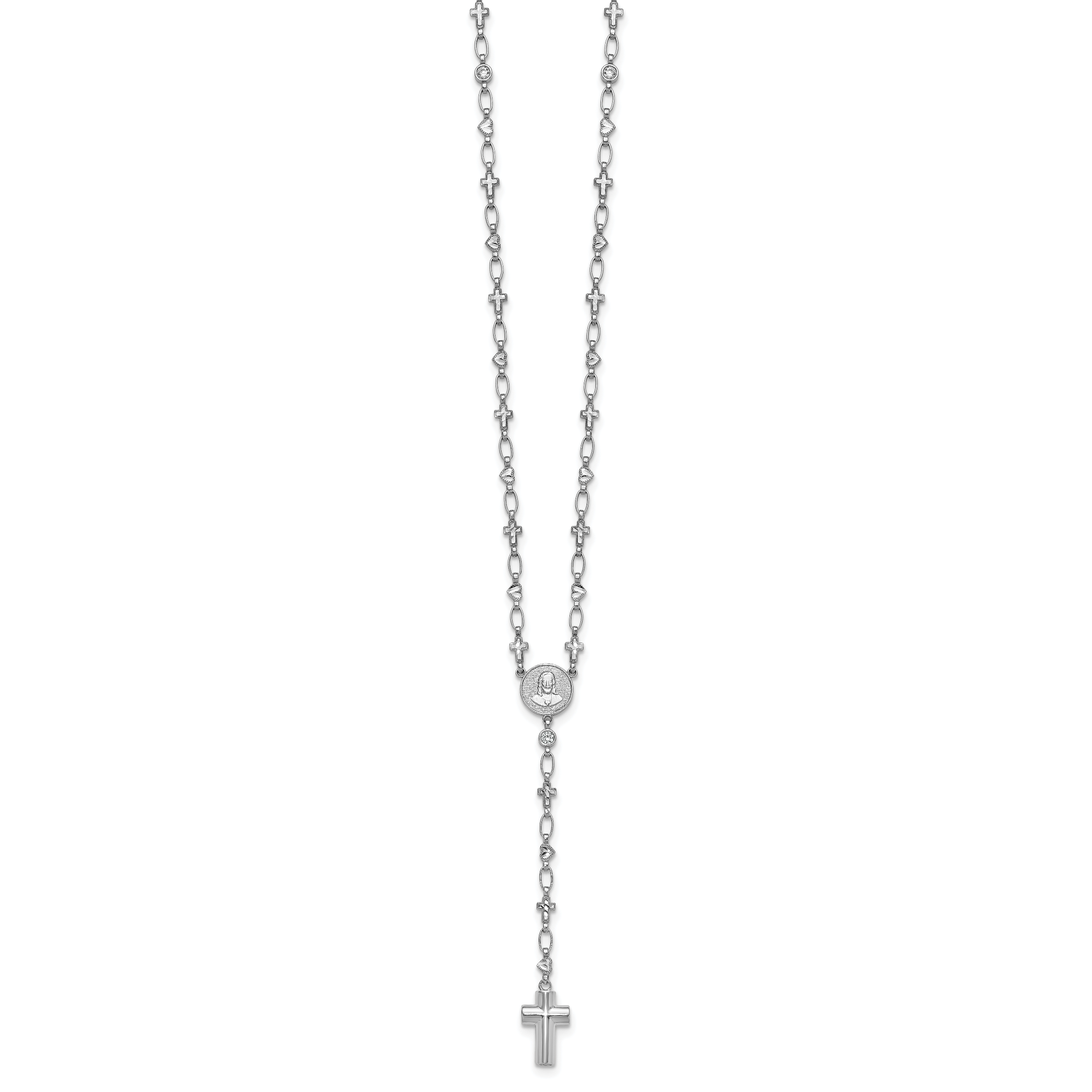 Sterling Silver Rhodium-plated CZ and Diamond-cut Heart and Cross Link with Cross Ash Holder 28.5 inch Rosary Necklace