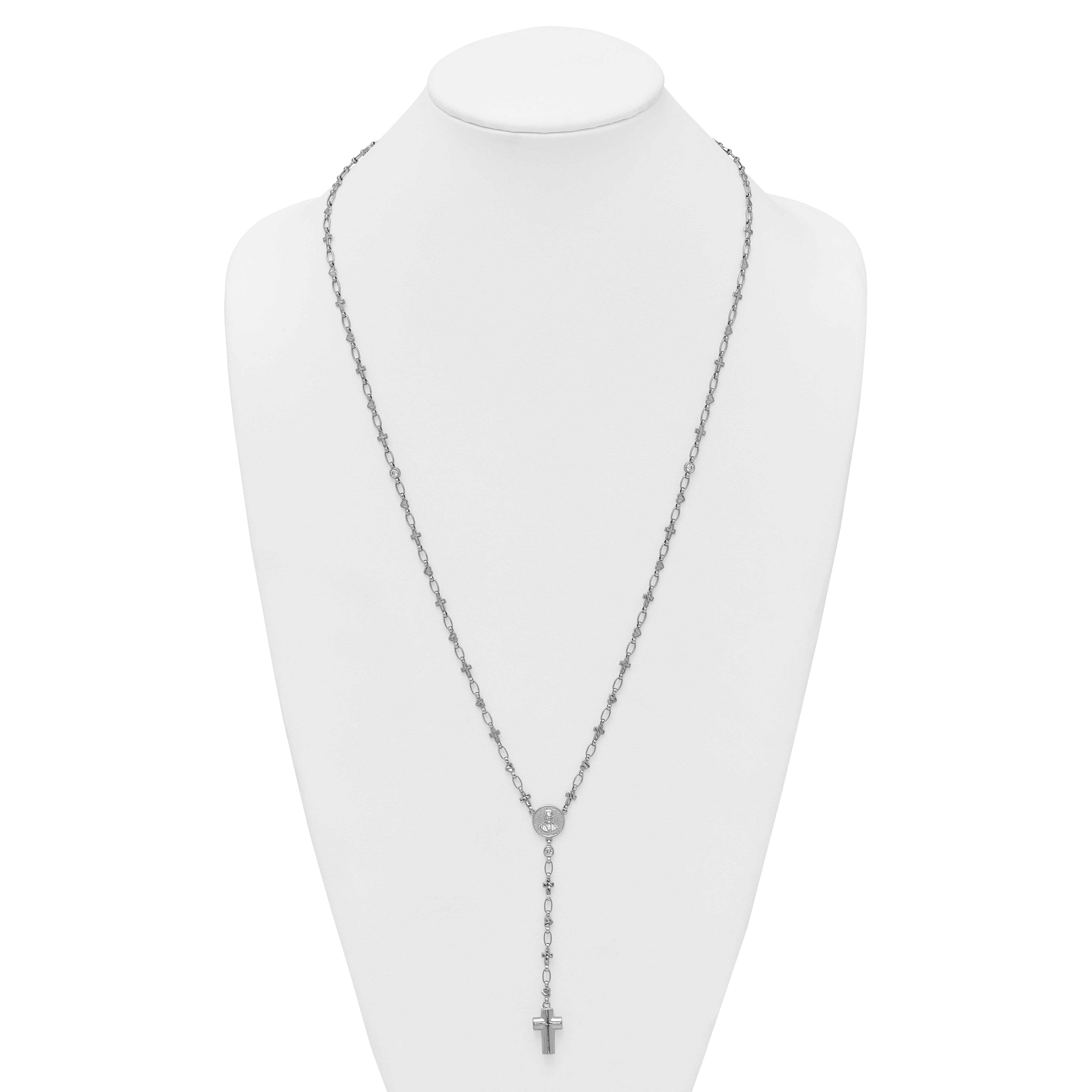 Sterling Silver Rhodium-plated CZ and Diamond-cut Heart and Cross Link with Cross Ash Holder 28.5 inch Rosary Necklace