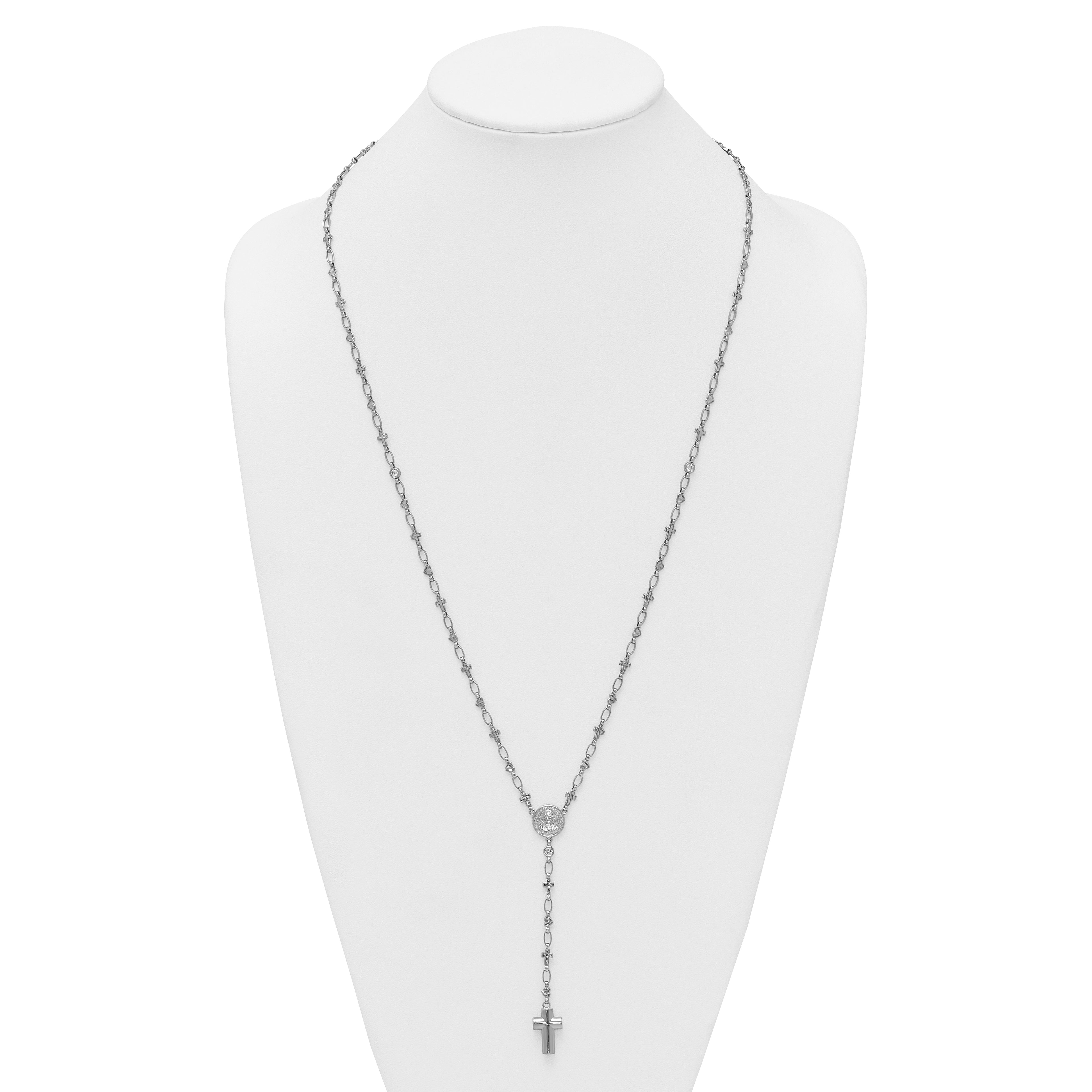 Sterling Silver Rhodium-plated CZ and Diamond-cut Heart and Cross Link with Cross Ash Holder 28.5 inch Rosary Necklace