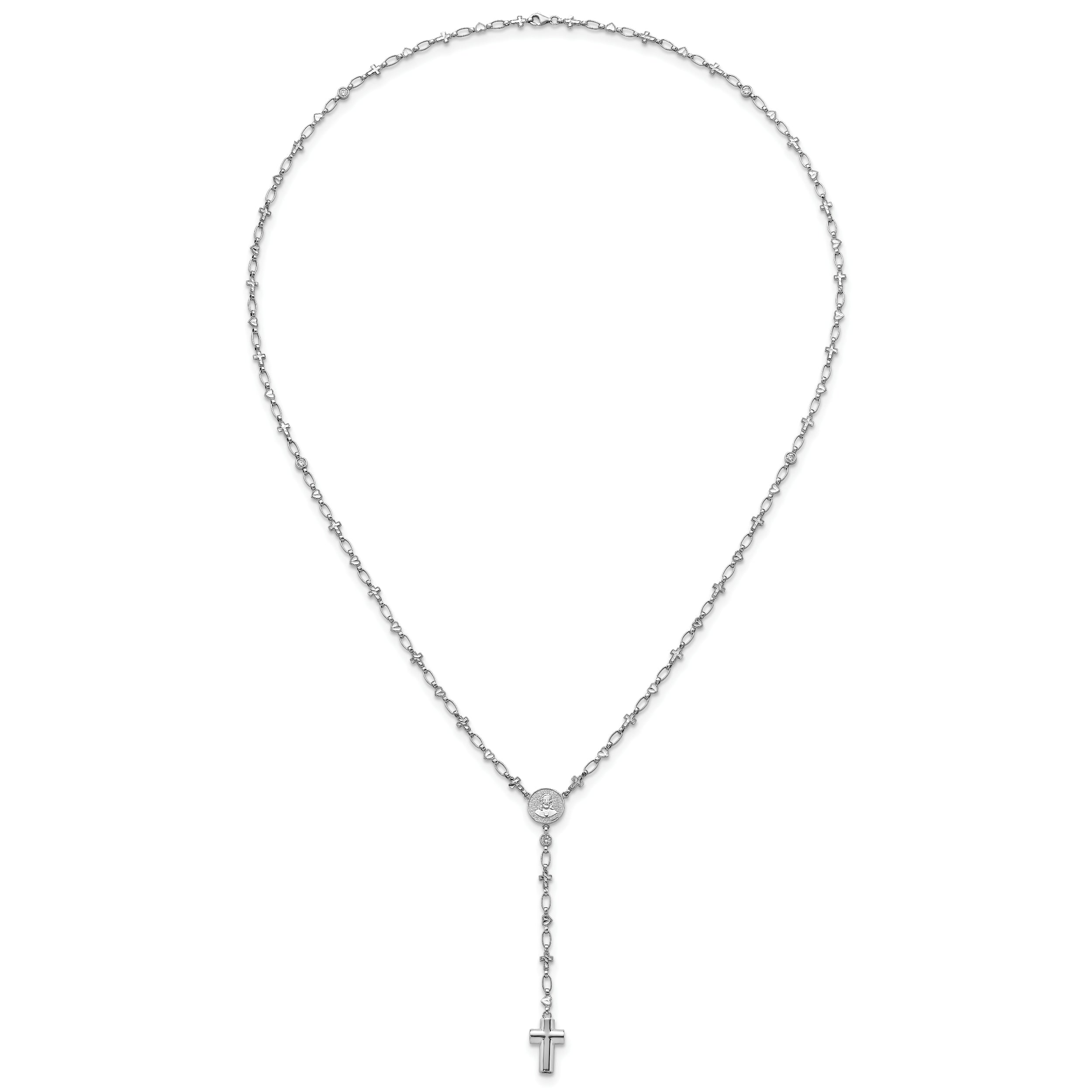 Sterling Silver Rhodium-plated CZ and Diamond-cut Heart and Cross Link with Cross Ash Holder 28.5 inch Rosary Necklace